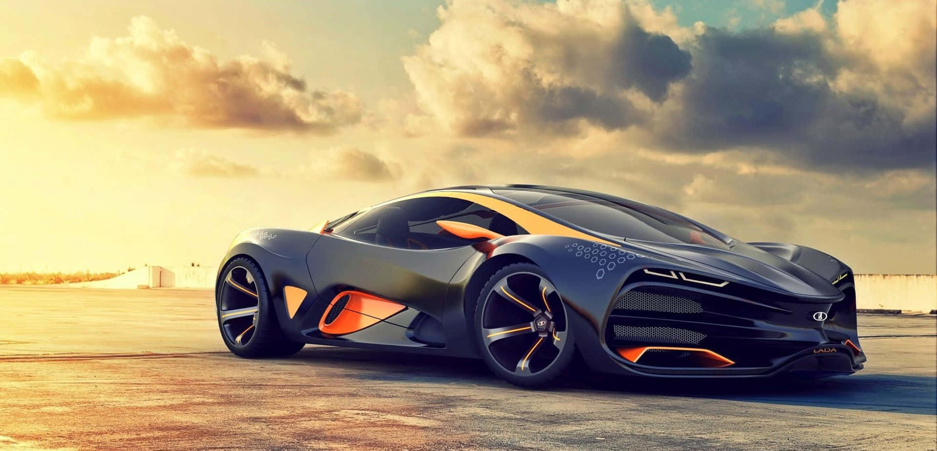 Futuristic Sports Car Sunset Backdrop Wallpaper