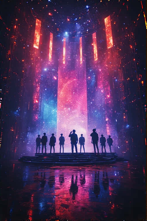Futuristic Stray Kids Stage Wallpaper With Shadowy Figures And Intense Lighting Wallpaper