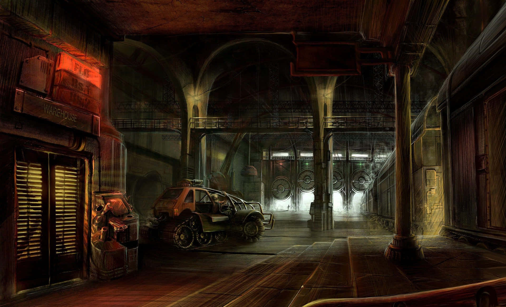 Futuristic Warehouse Interior Wallpaper