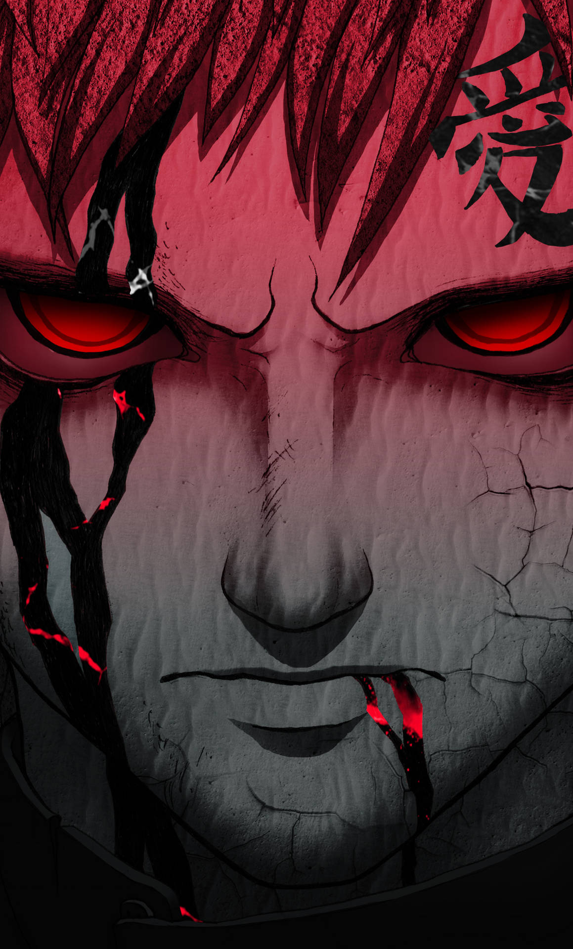 Et rødt anime-ansigt med røde øjne stirrer ud fra tapetet. Wallpaper