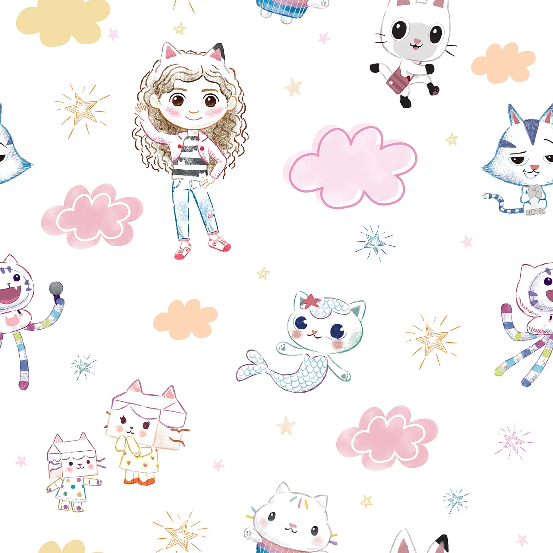 Gabby Dollhouse Characters Pattern Wallpaper