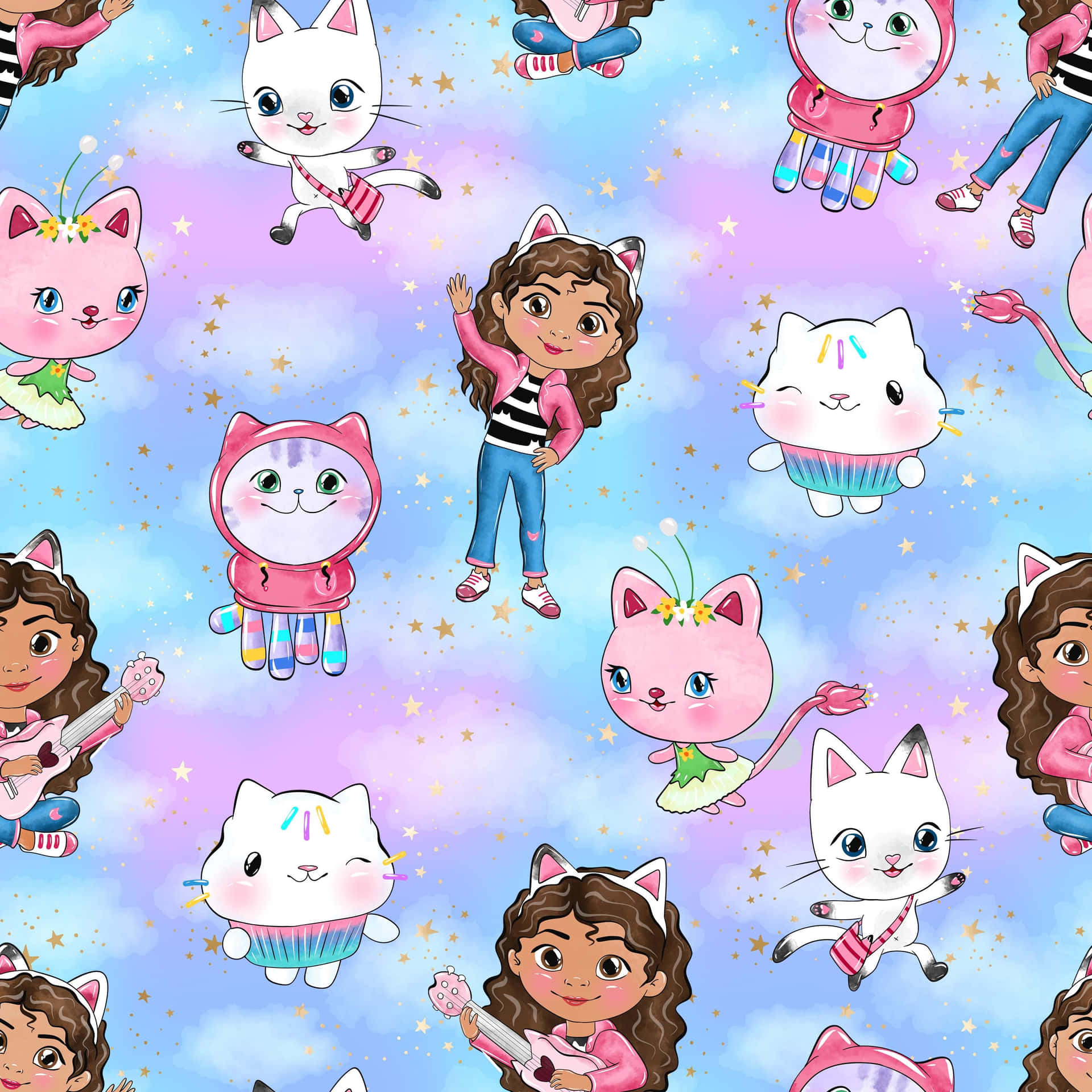 Gabby Dollhouse Characters Pattern Wallpaper
