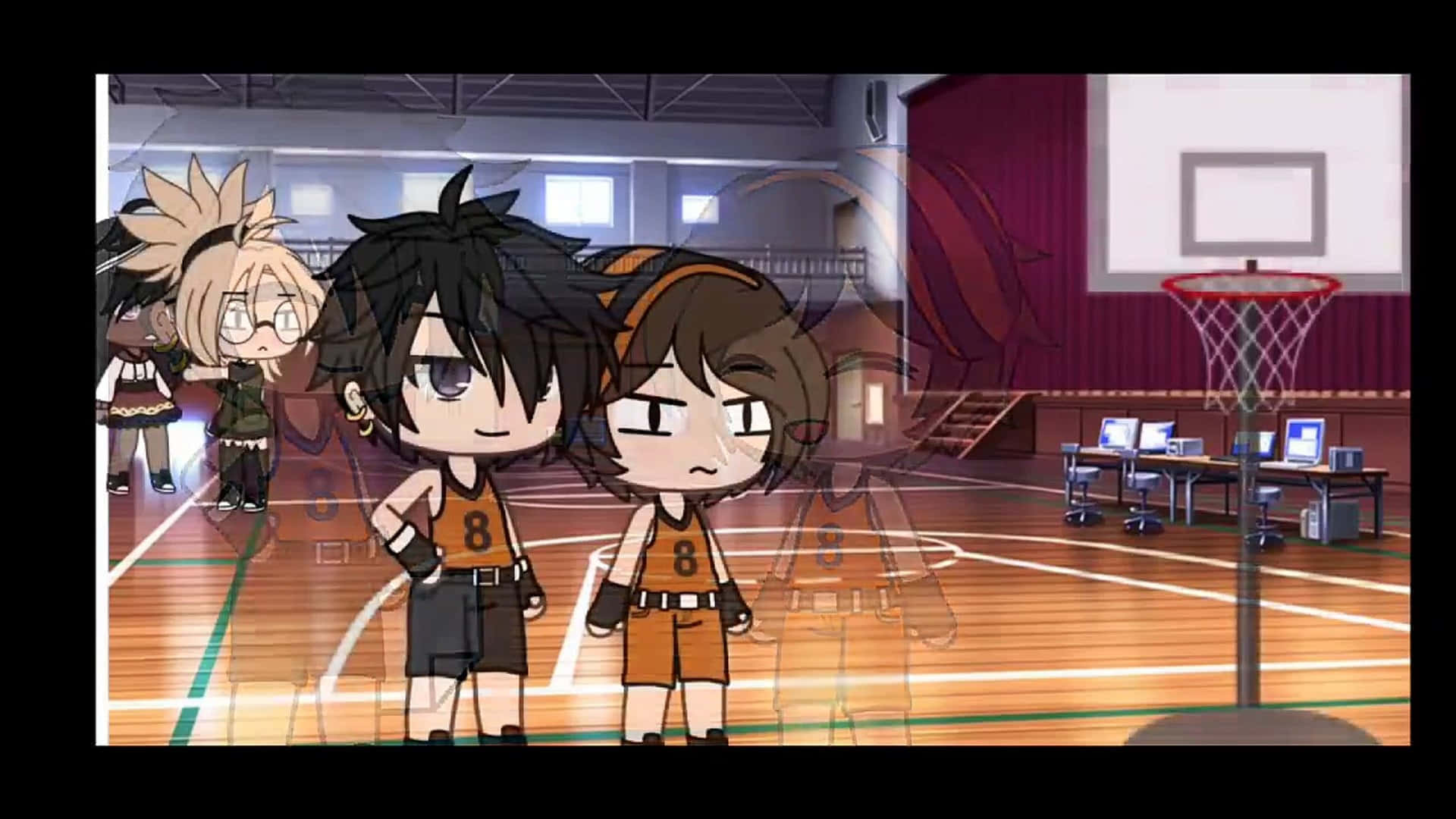 Engruppe Animekarakterer Står På En Basketbane.