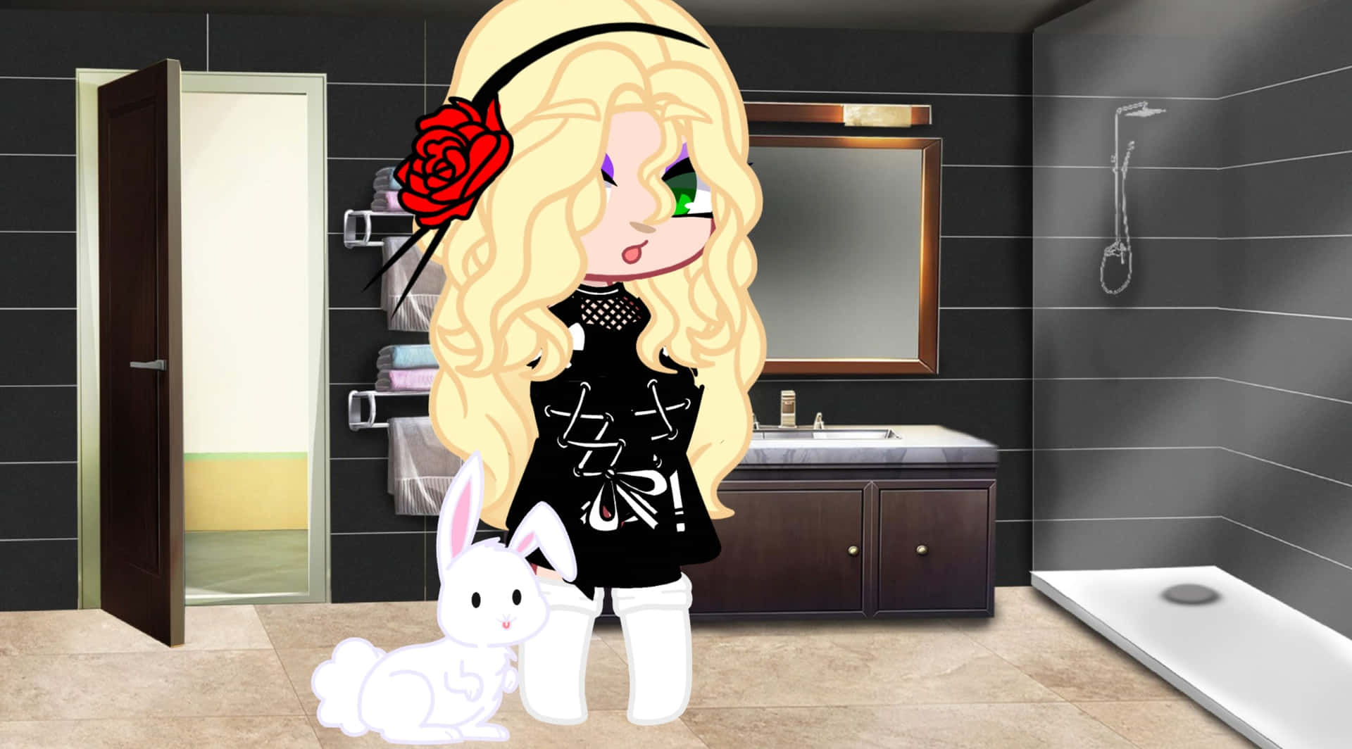 Gacha_ Baddie_with_ Bunny_in_ Bathroom Wallpaper