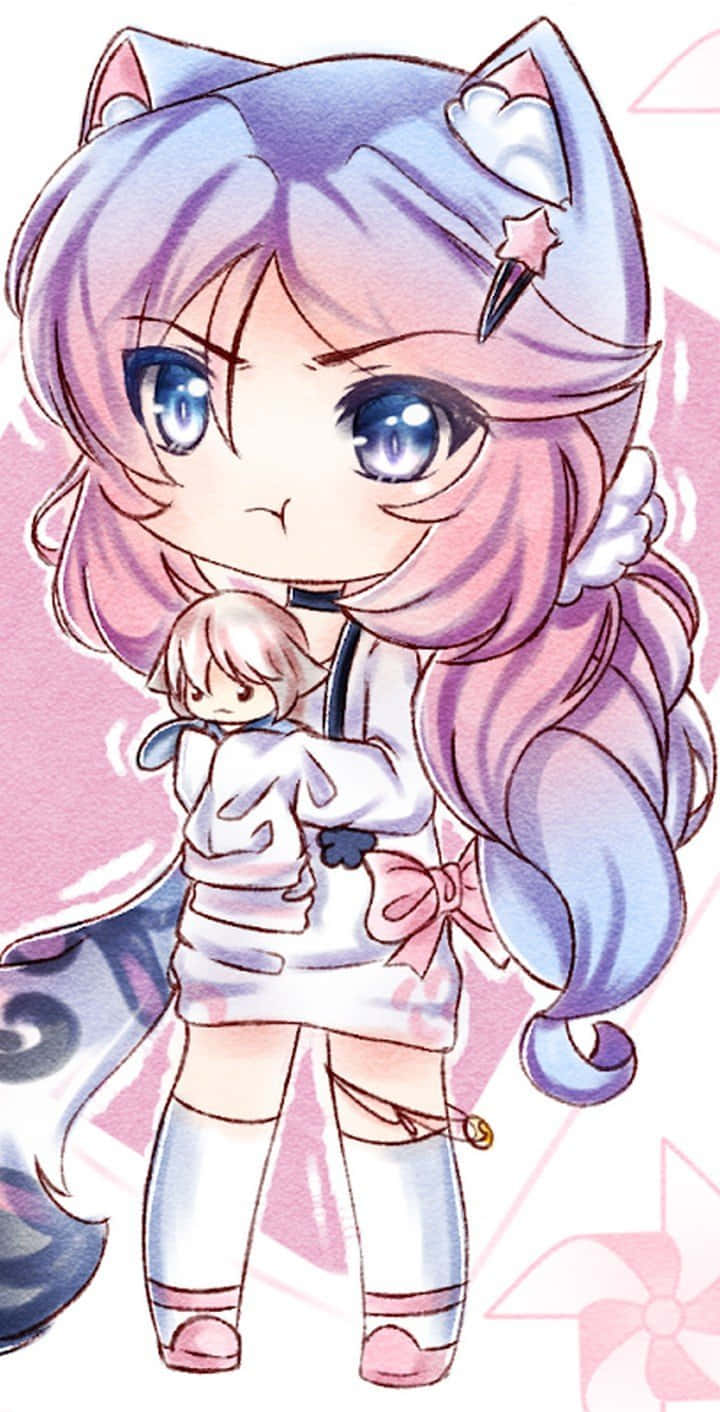 En pige med pink hår og blå øjne, der holder en killing Wallpaper