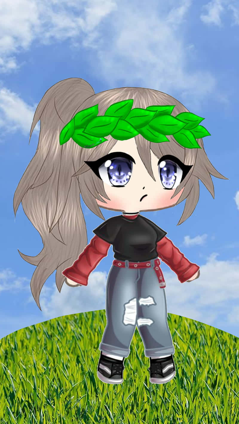 A Cartoon Girl With Green Hair And Jeans Standing In A Field Wallpaper