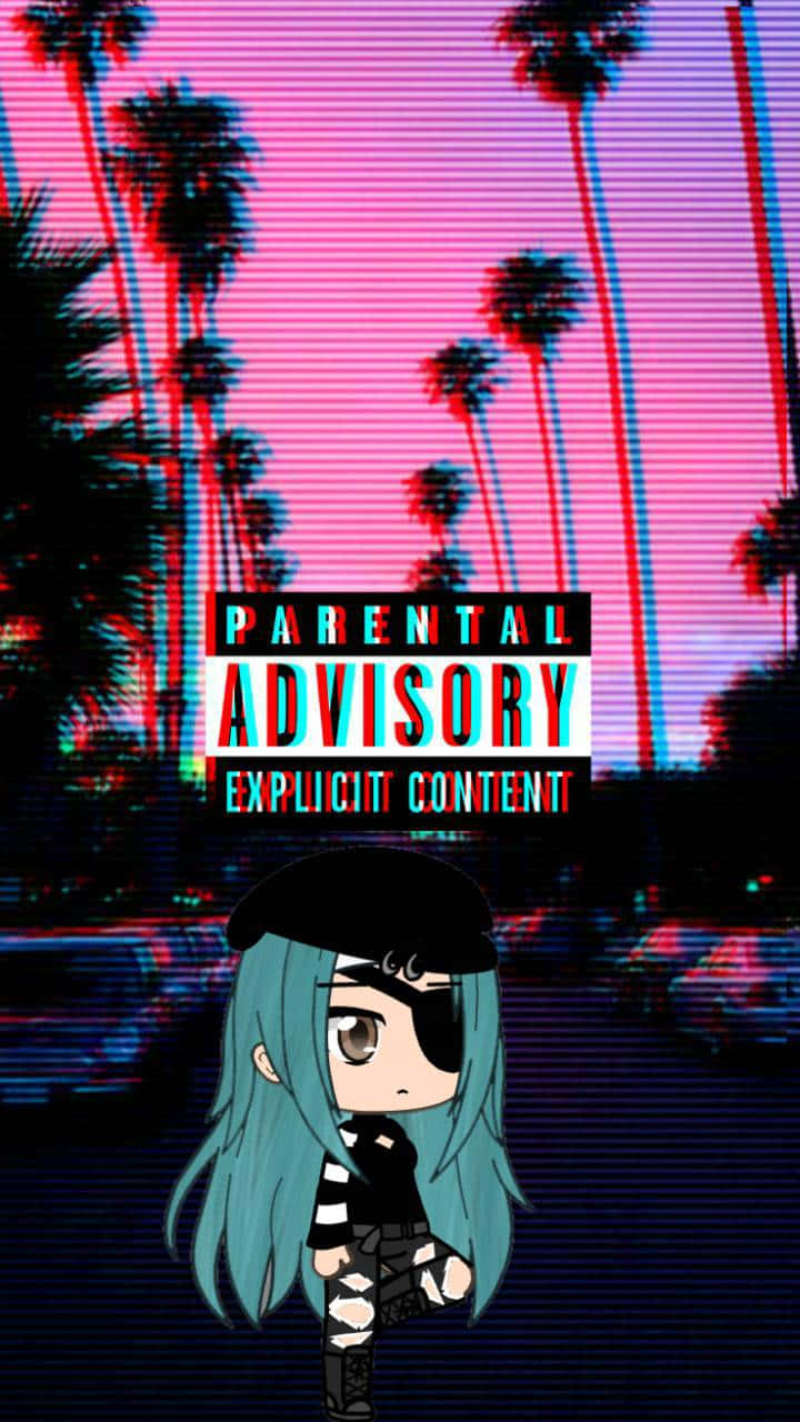 A Girl With Blue Hair And A Black Mask Is Standing In Front Of Palm Trees Wallpaper