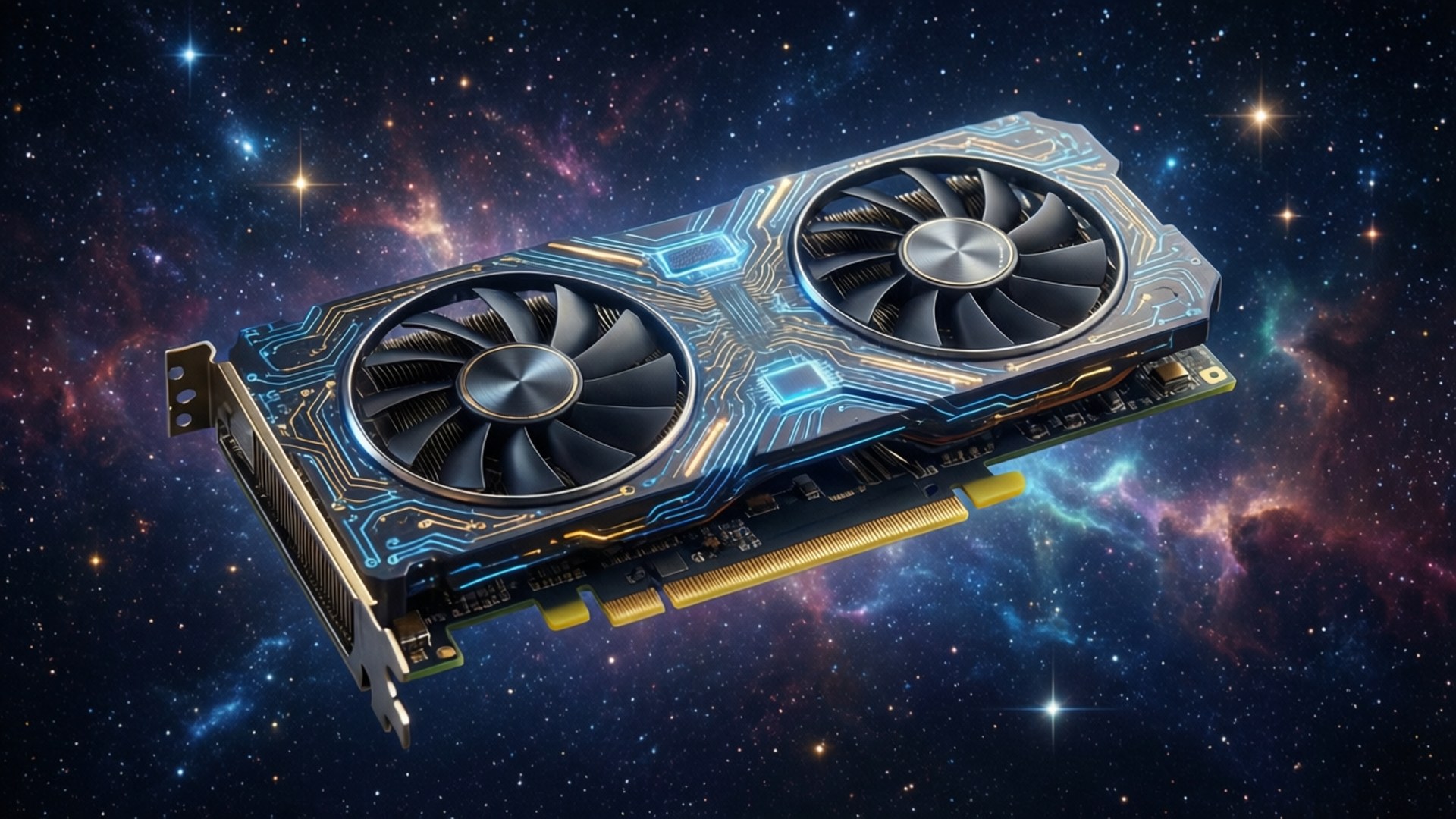 A graphics card floating in a cosmic nebula with glowing circuits.