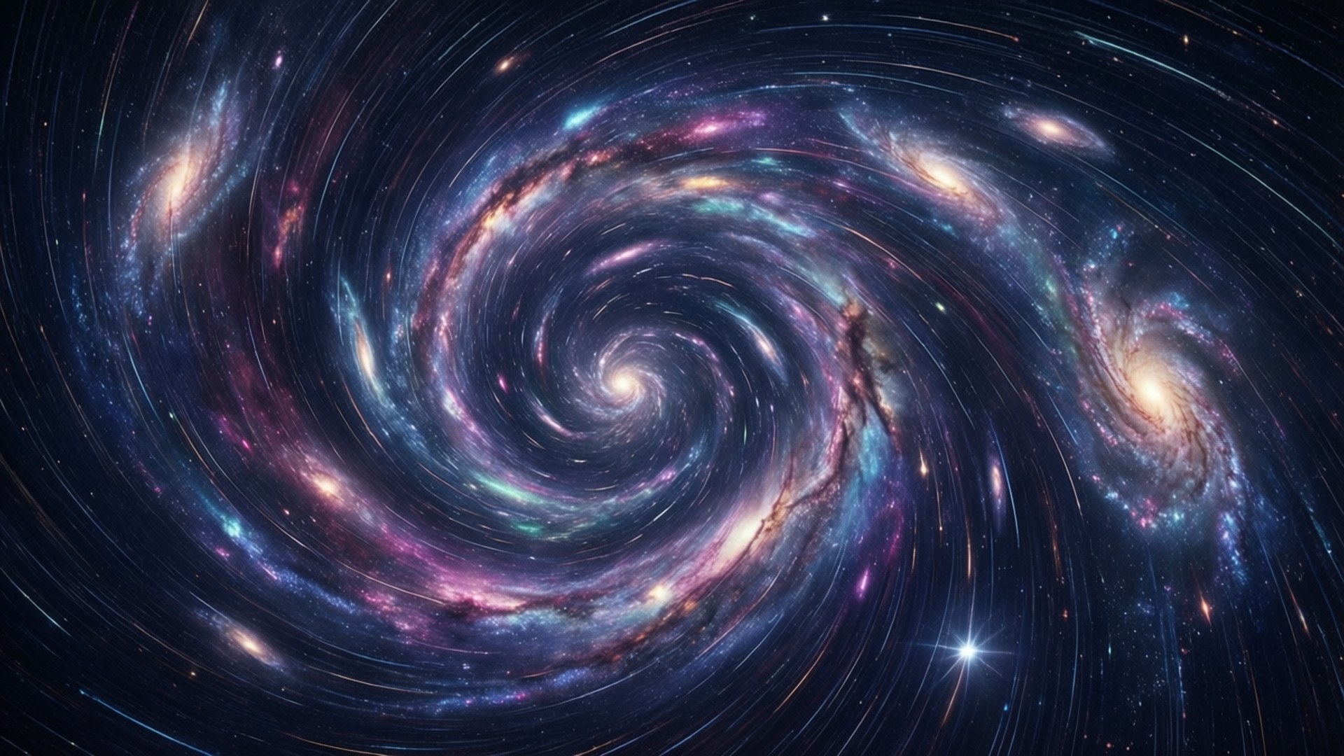 A cosmic vortex of swirling galaxies in deep space with vibrant nebulas.
