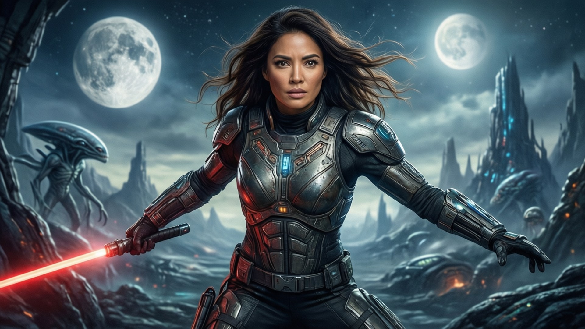 Fondo de pantalla de Female sci-fi warrior with red lightsaber facing alien threats under twin moons.