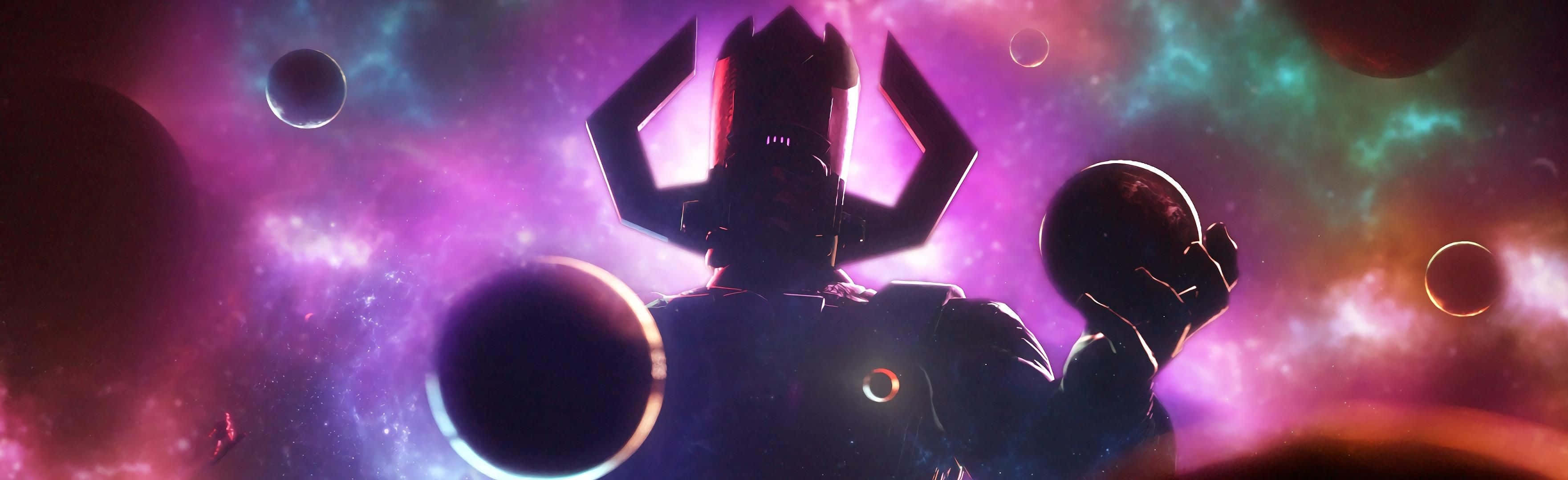 Galactus, the Devourer of Worlds, stands tall in a cosmic landscape Wallpaper