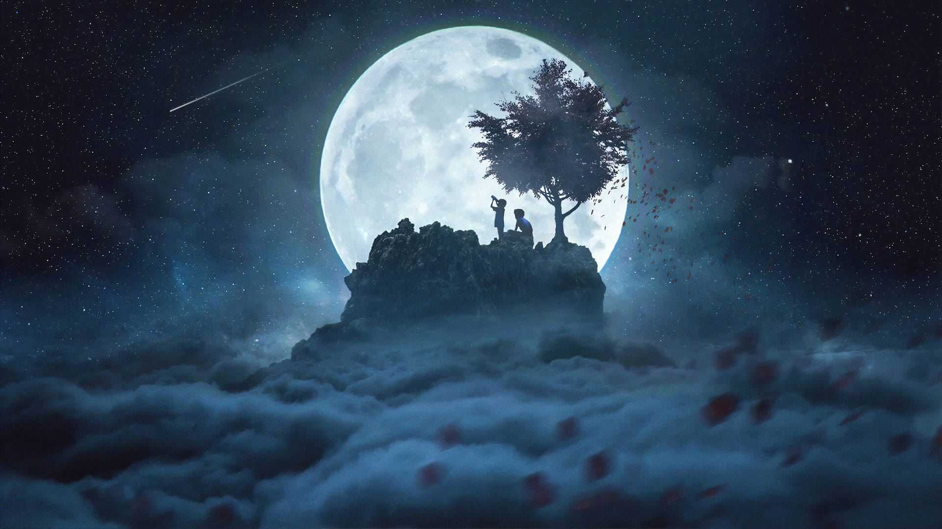 Galaxy Moon And Hill Wallpaper — Two silhouetted figures sit beneath a lone tree on a moonlit cliff floating above clouds under a starry sky with a shooting star.