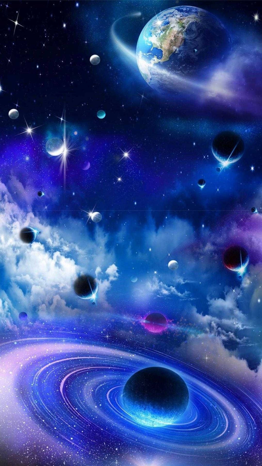 Galaxy Background With Falling Planets