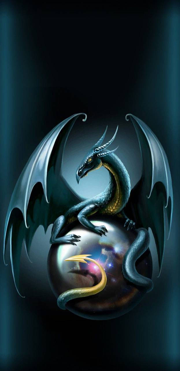 A Dragon Sitting On A Ball Of Black Wallpaper