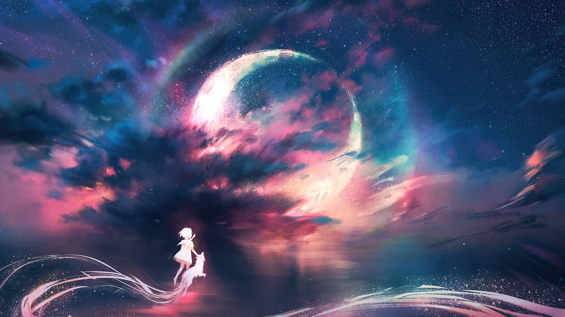 Galaxy Moon And Anime Girl Wallpaper