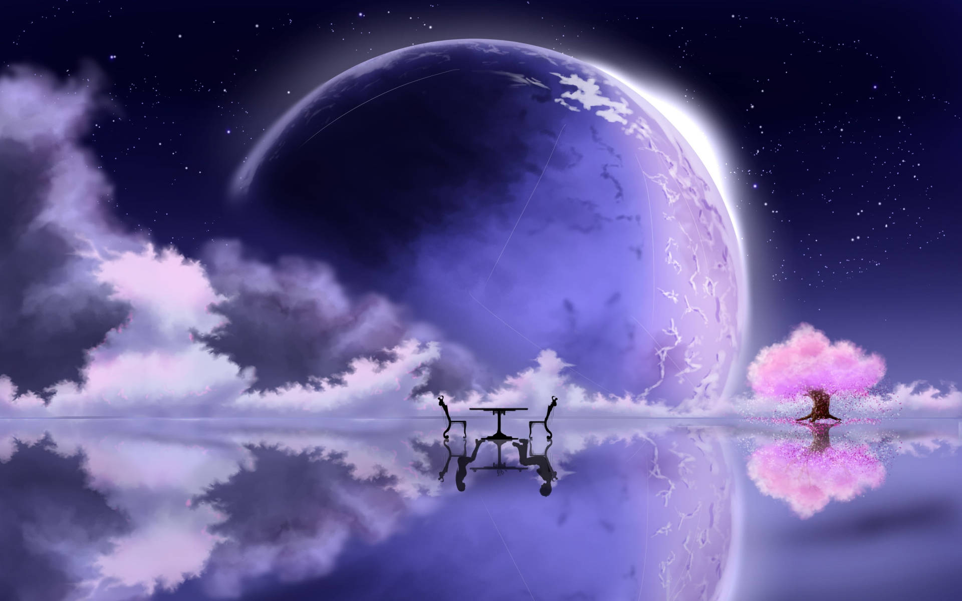 Artede Fantasía - Galaxia, Luna Y Lago. Fondo de pantalla