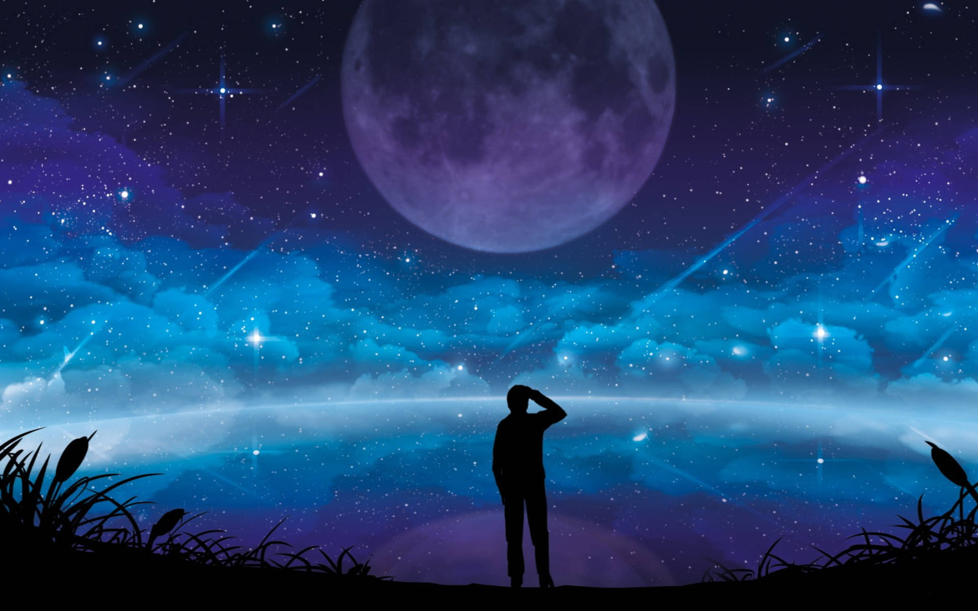 Download Galaxy Moon And Man Silhouette Wallpaper 