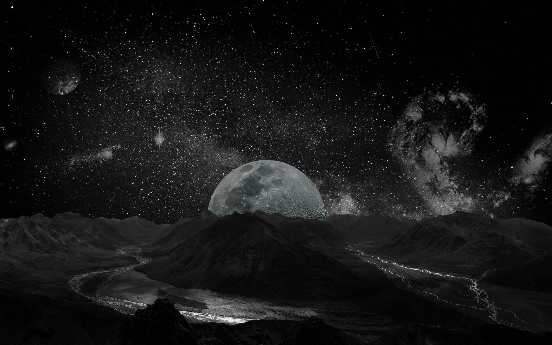 Galaxy Månen Og Bjerge Wallpaper