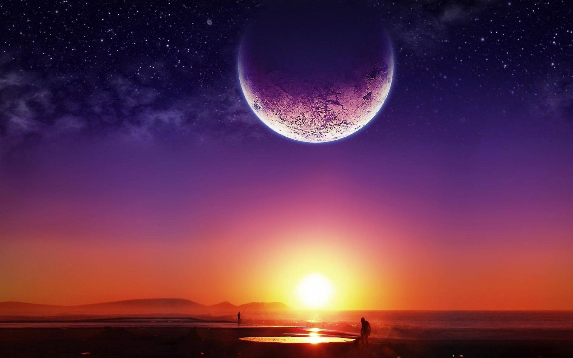 Galaxy Moon And Sunset Wallpaper