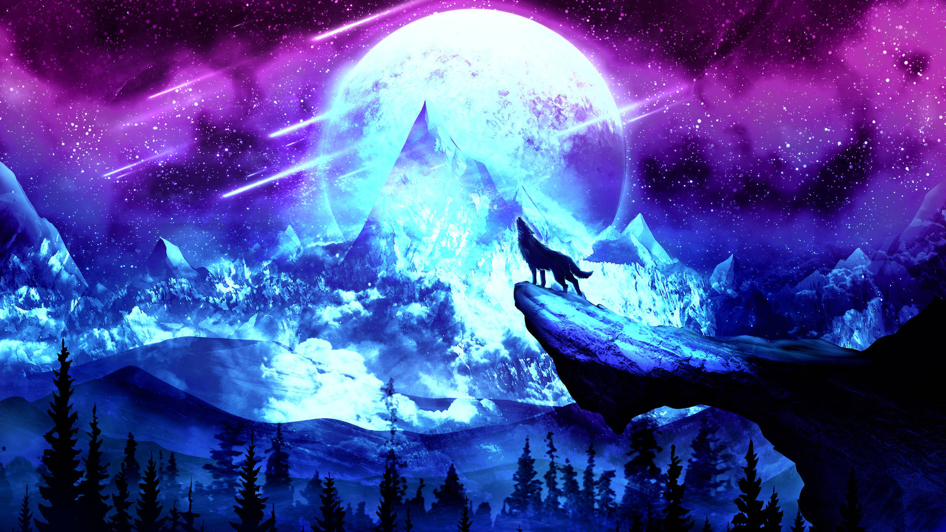 Galaxy Moon And Wolf Wallpaper