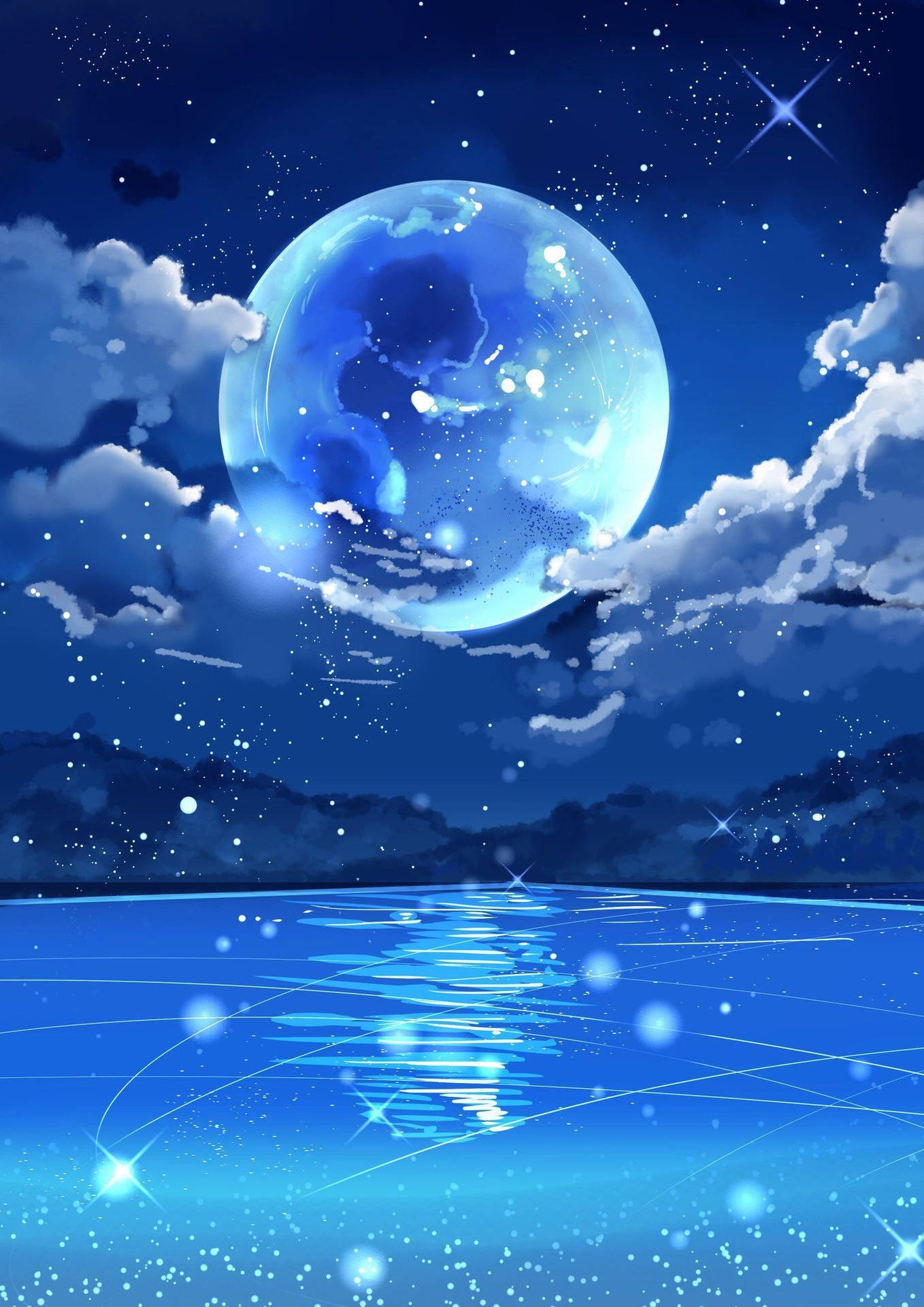 Galaxy Moon Clouds And Ocean Wallpaper
