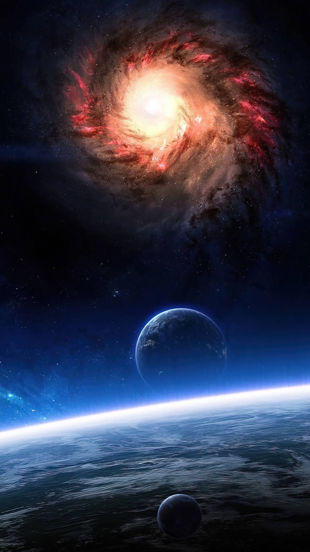 Galaxy Overlooking Planets In Space 4k Phone Wallpaper