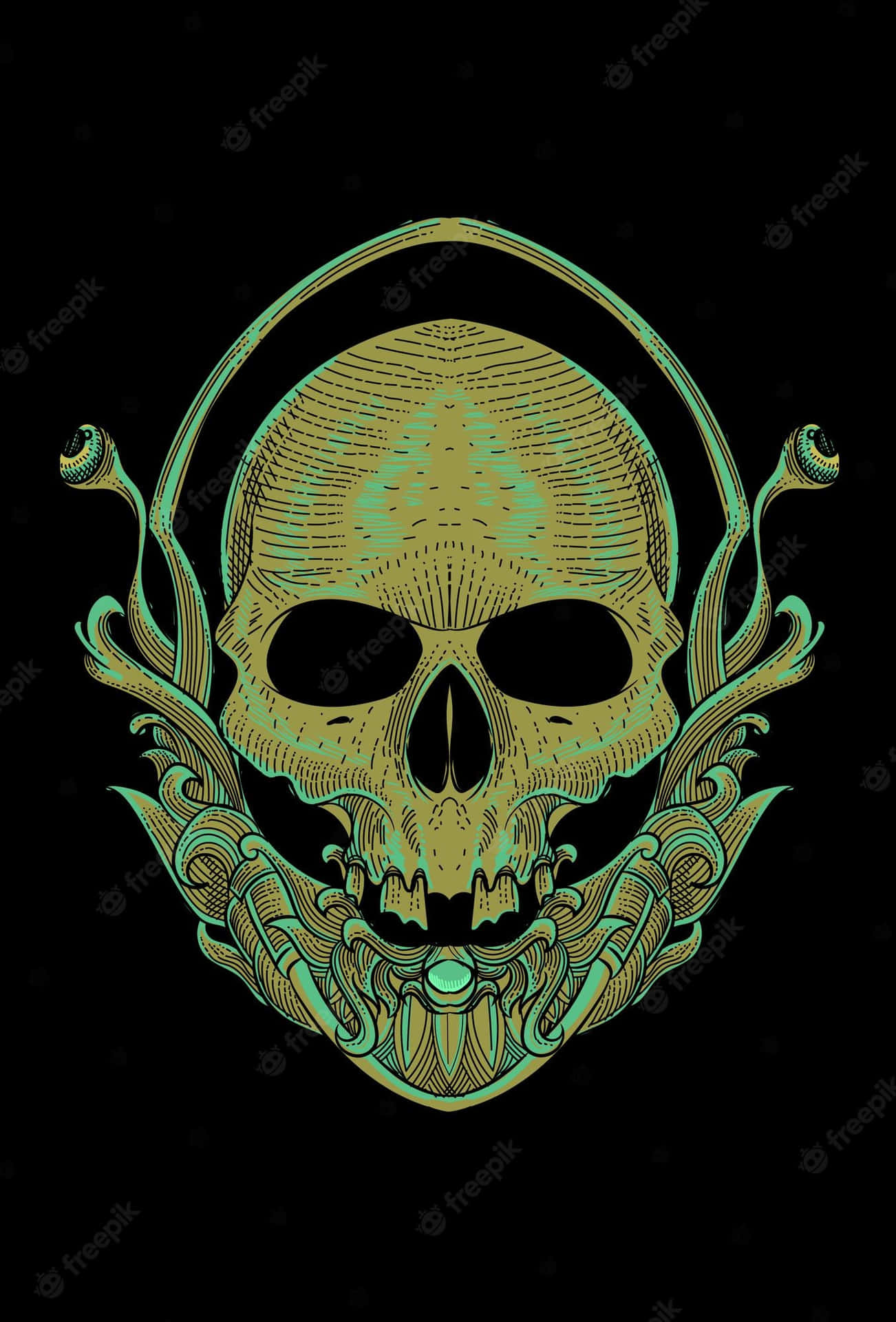 a skull with a green and gold design on a black background Wallpaper