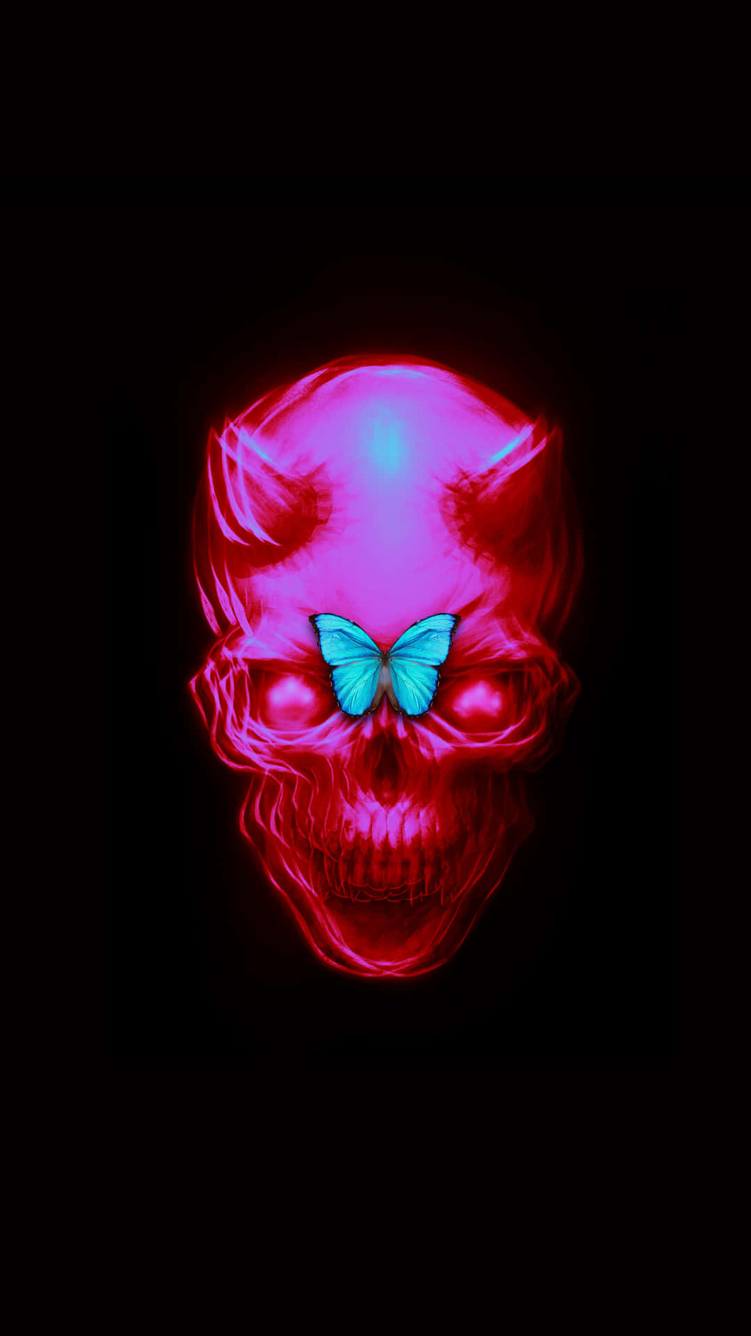 Et pink skelet med en blå sommerfugl på det. Wallpaper
