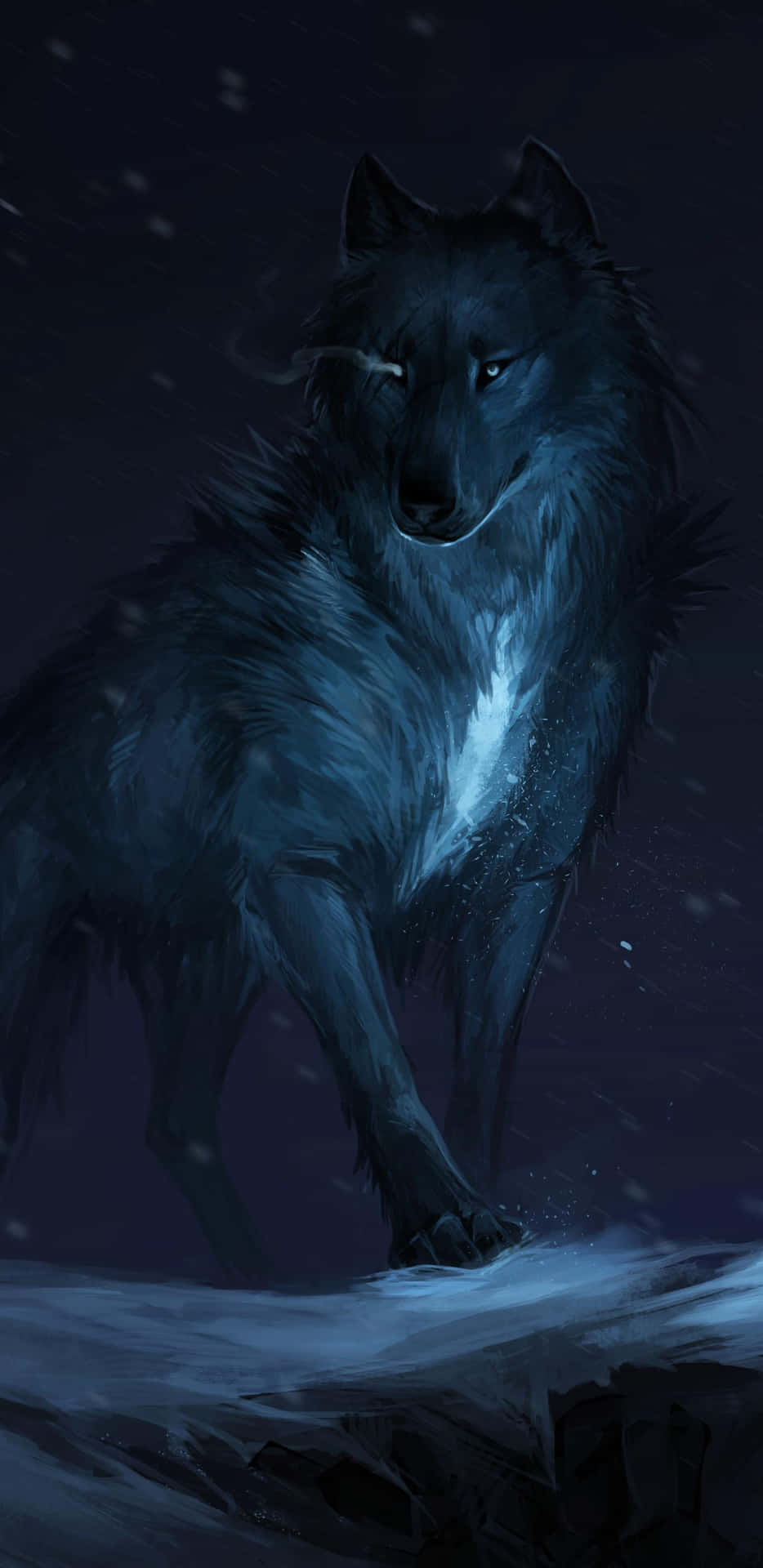 Einwolf Steht Im Schnee Mit Einem Leuchtenden Blauen Licht.
