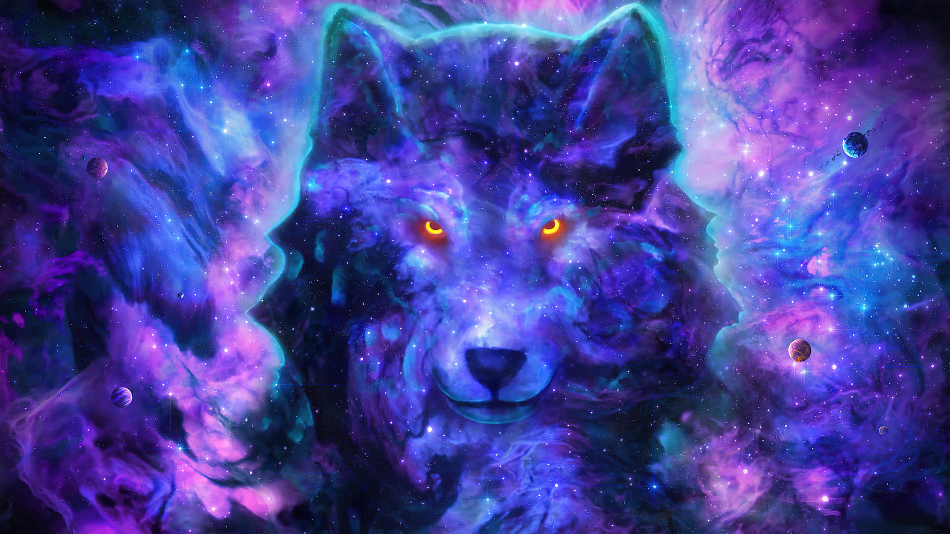 "A mysterious, magical galaxy wolf stares into the unknown depths of the stars."