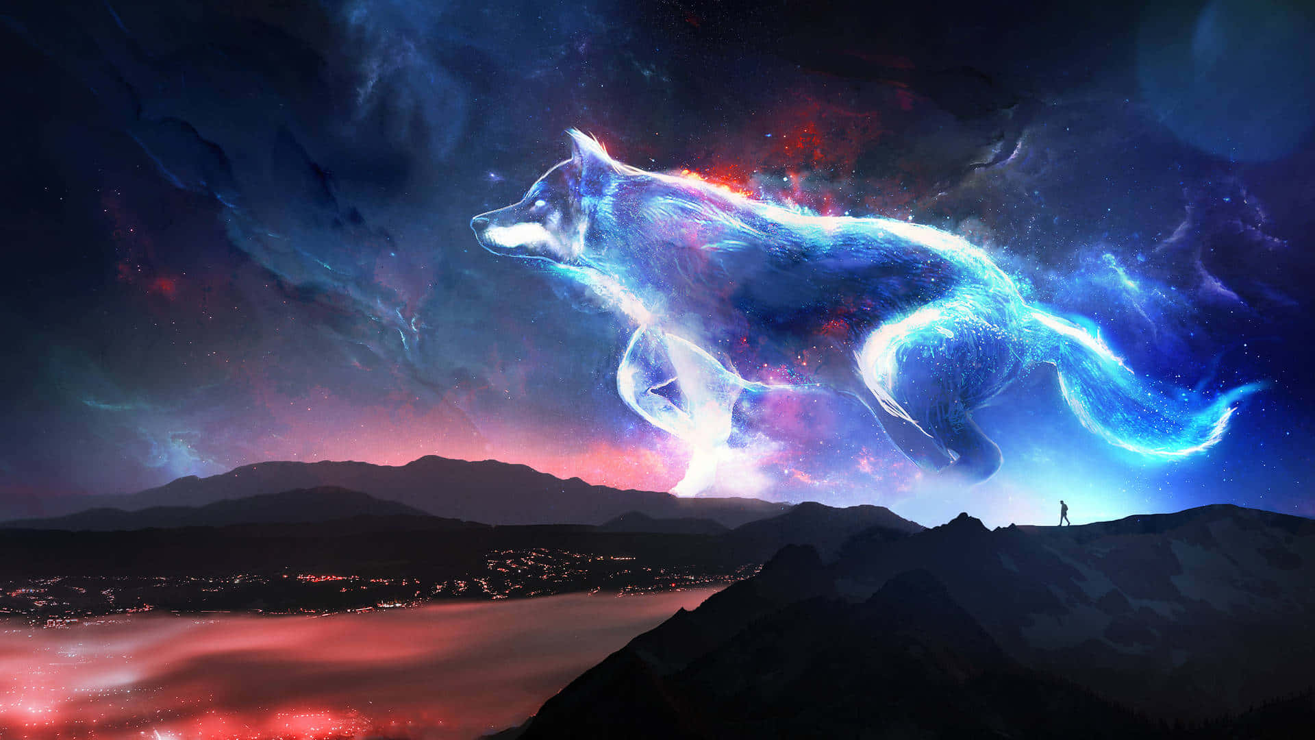 Dermajestätische Galaxy Wolf Starrt Gespannt In Den Atemberaubenden Nachthimmel.