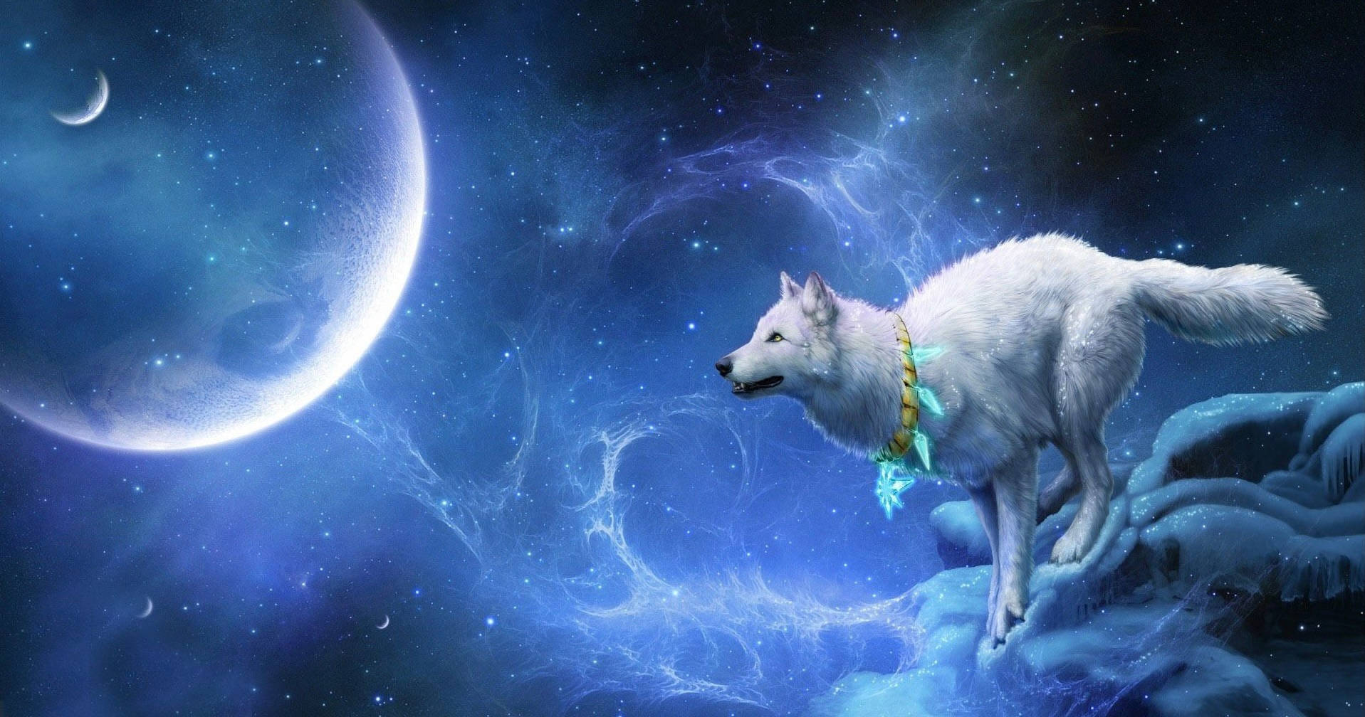 Galaxy Wolf Runs To Moon Wallpaper