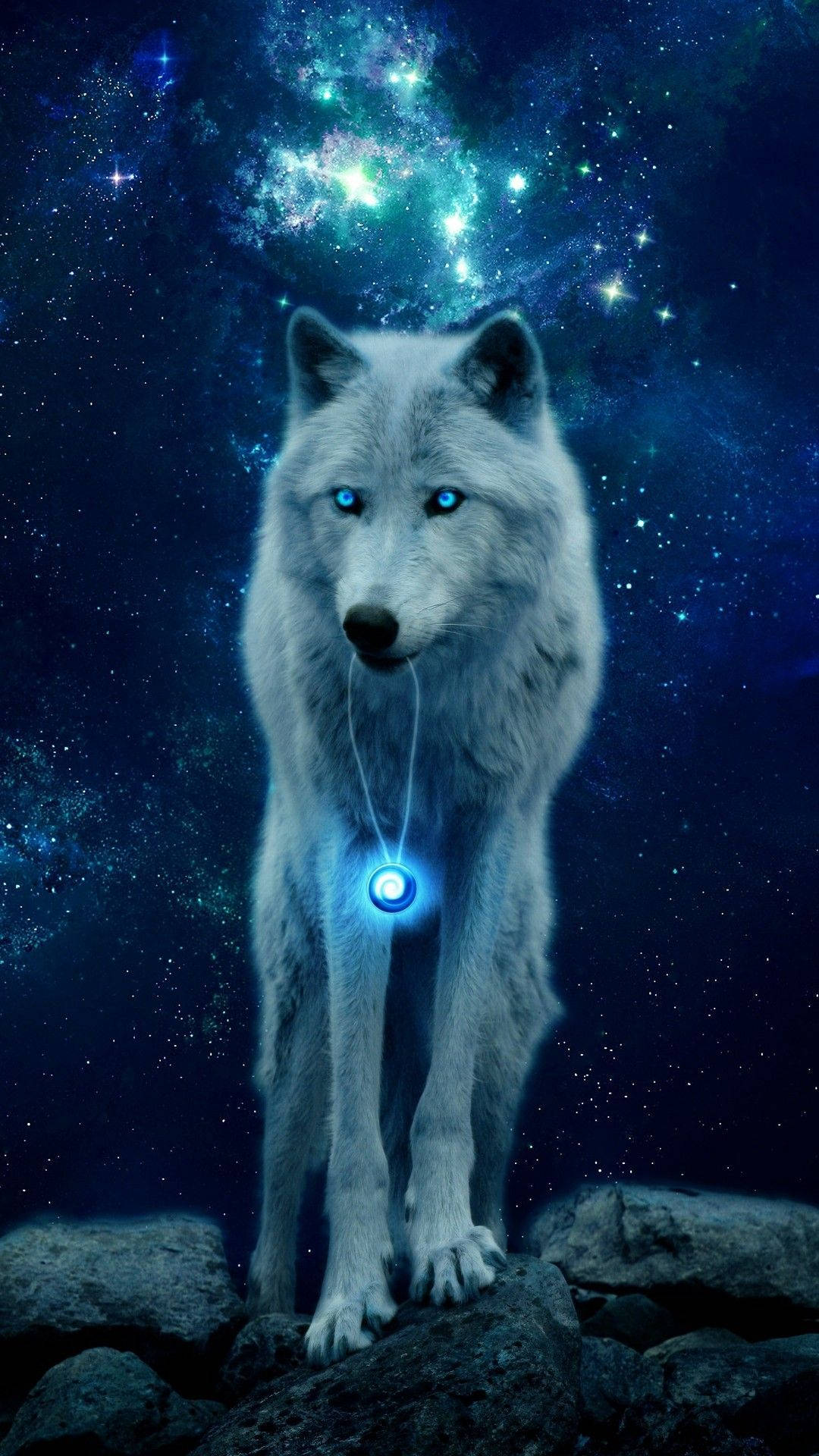 Galaxy Wolf With Glowing Pendant Wallpaper