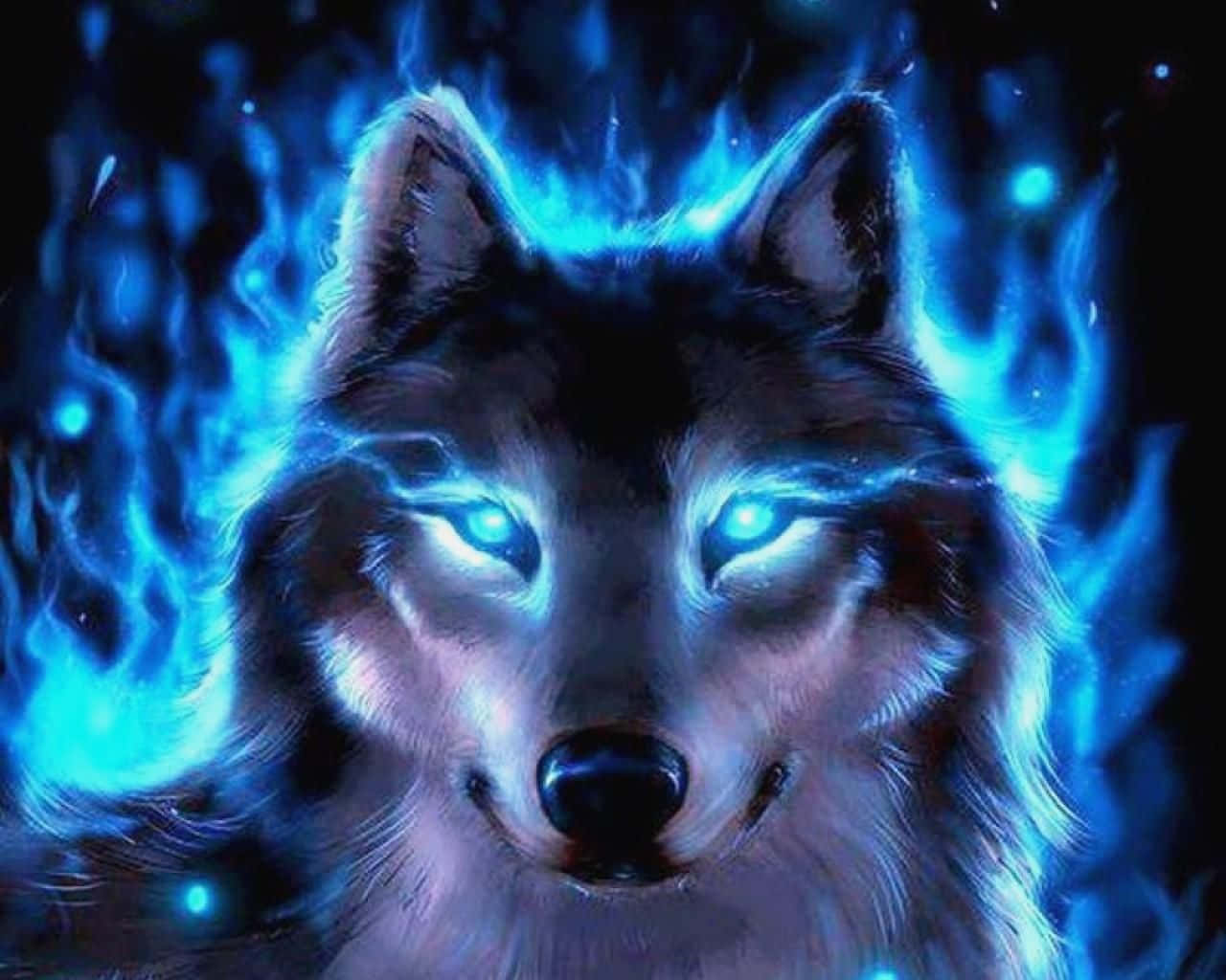 En ulv med blå øjne i ilden af natten Wallpaper