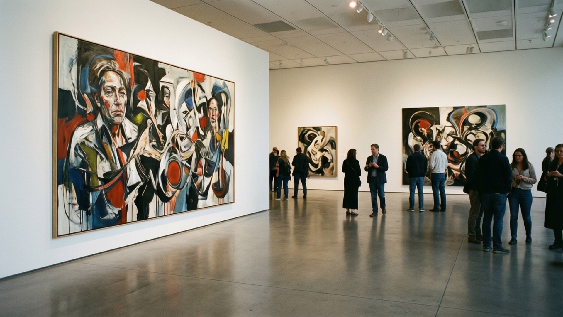 Galeri luas di dalam The Broad dengan seni kontemporer dan pengunjung