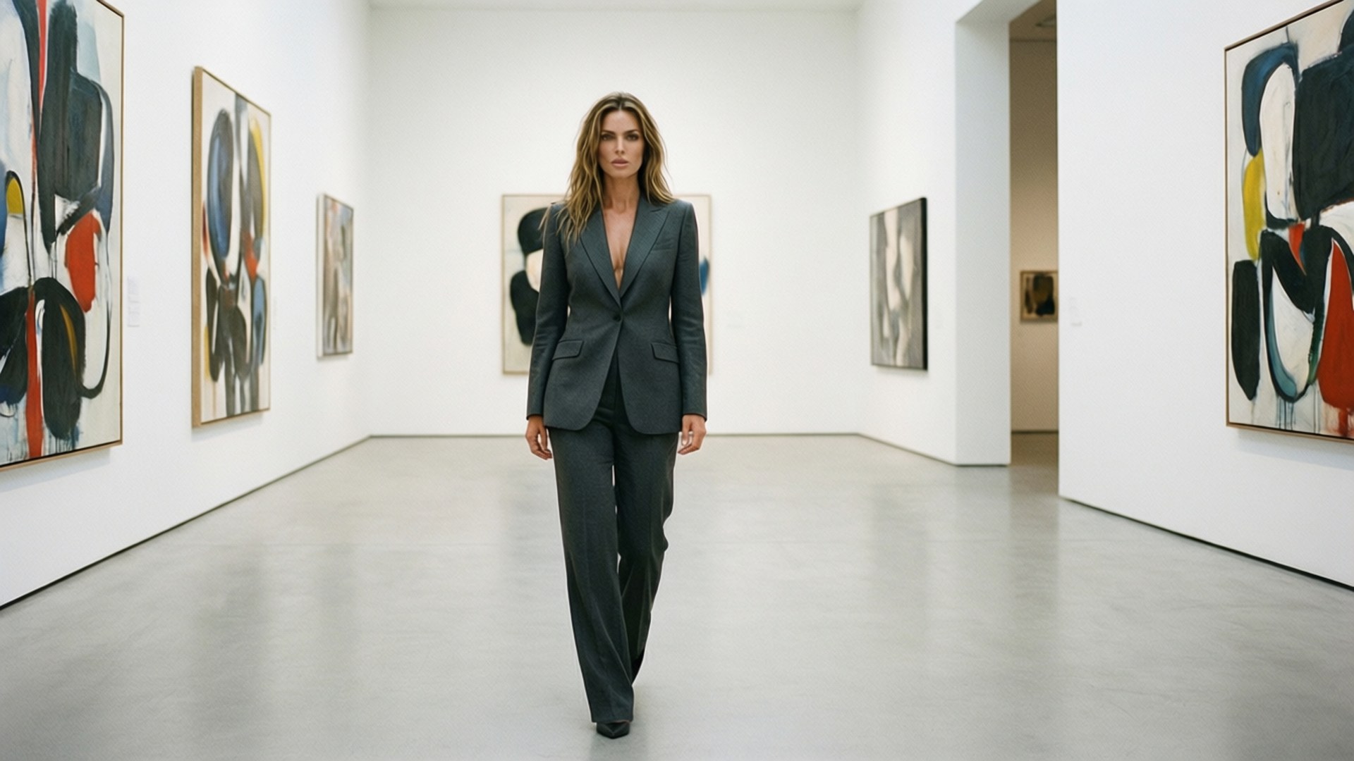 Anja Rubik i en byxdress som går genom ett modernt konstgalleri
