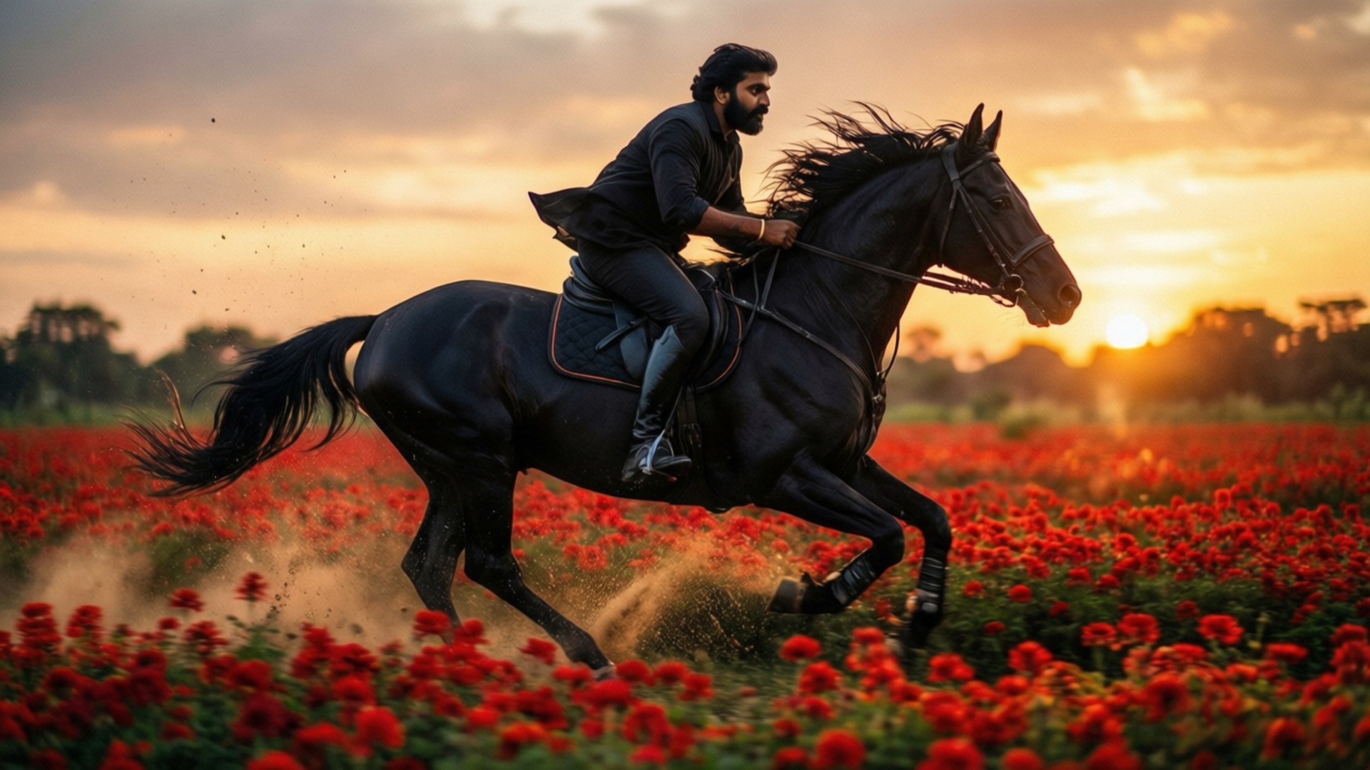 Man rijdt zwart paard door rood klaproosveld bij gouden zonsondergang.