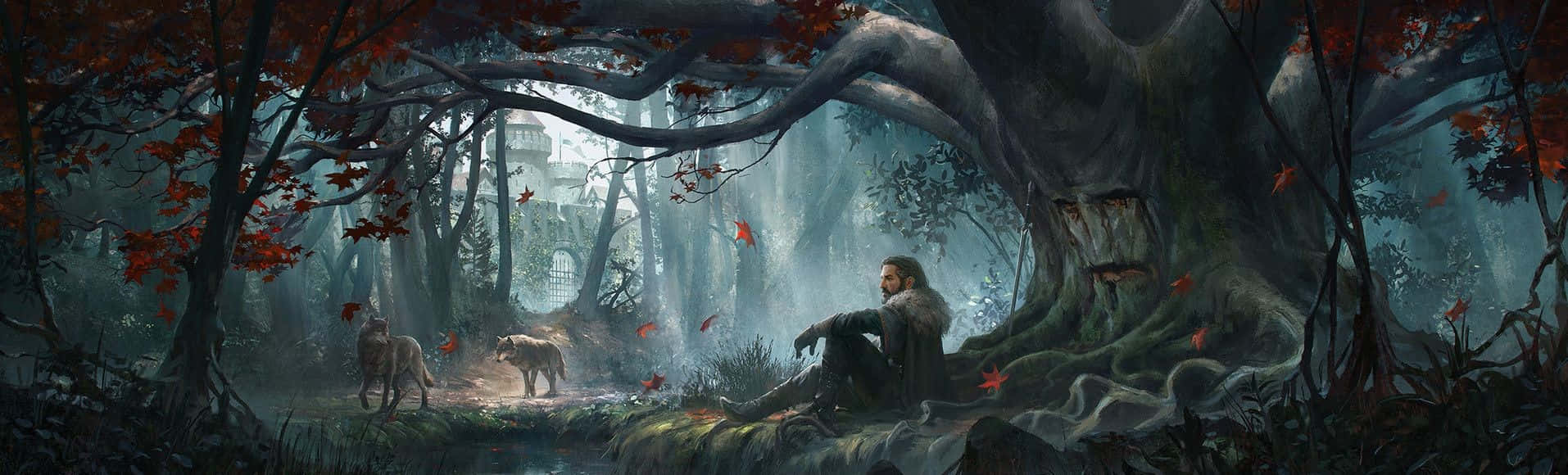 A Painting Of A Man In A Forest Wallpaper