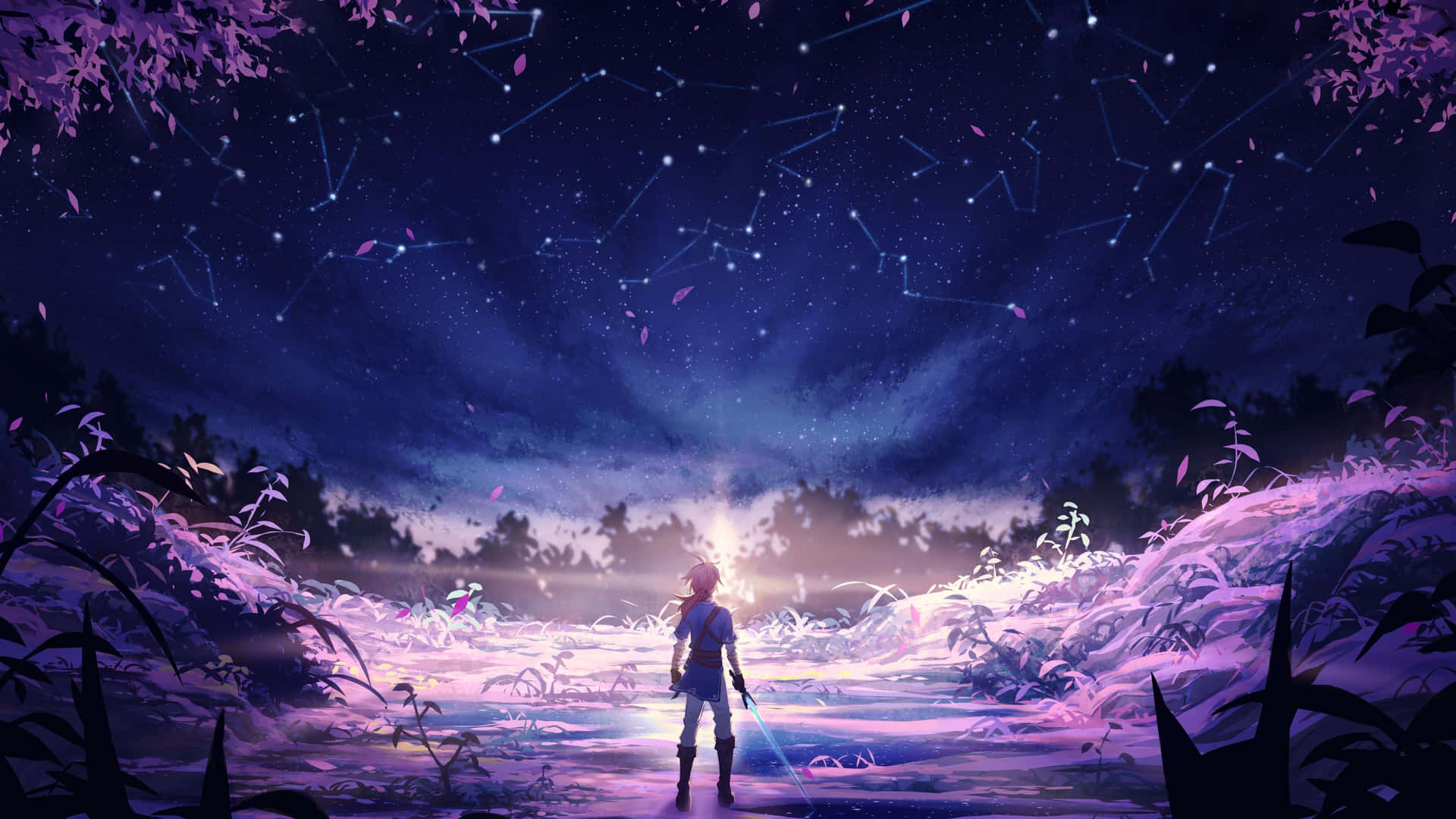 En person står i skoven med stjerner på himlen. Wallpaper