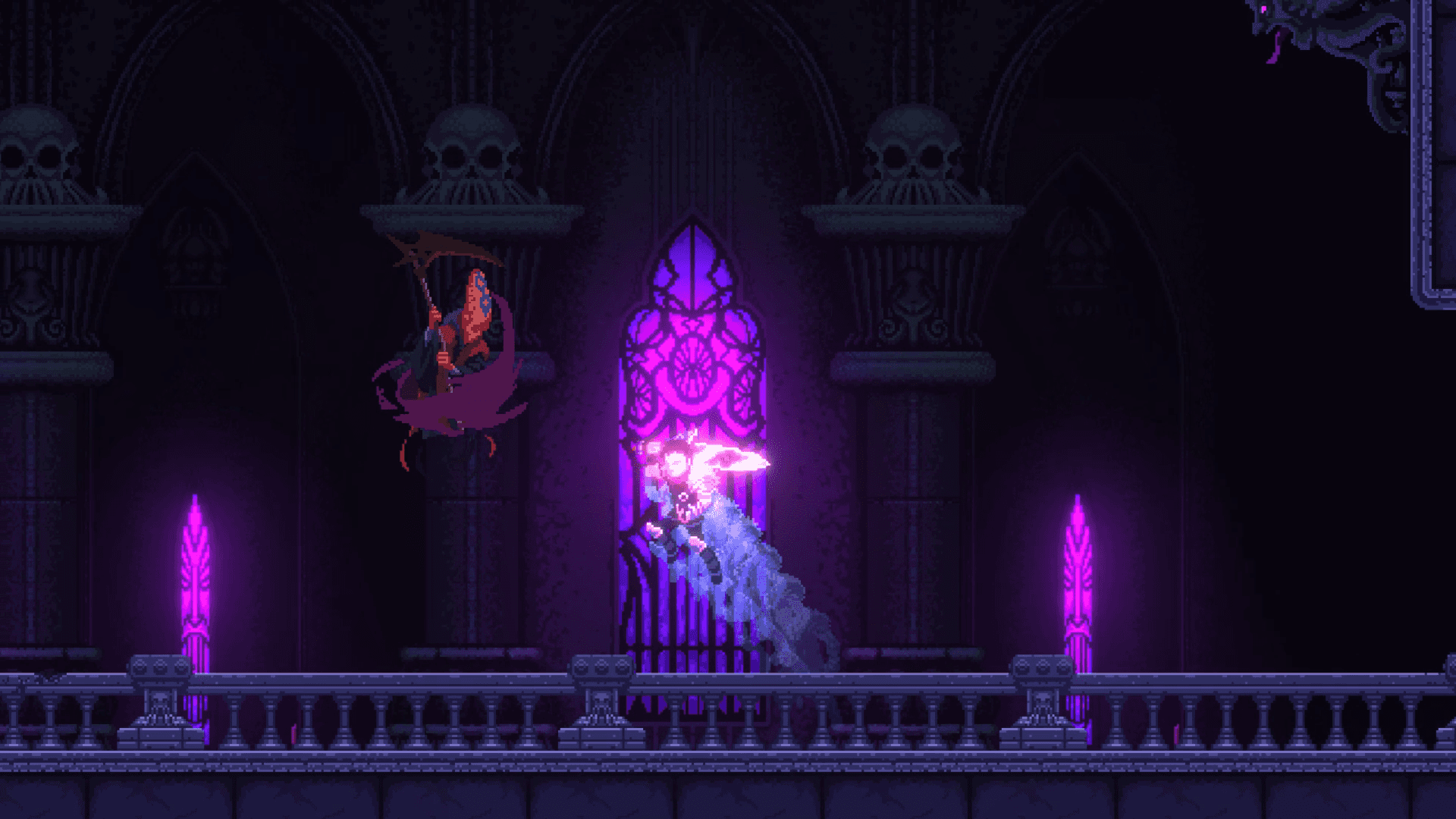 A Screenshot Of A Dark Game With A Purple Light