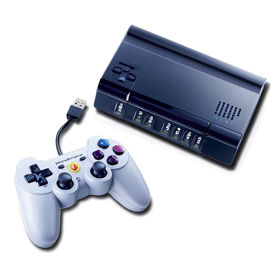 Black PlayStation 3 console with white controller connected by USB cable on gray surface.