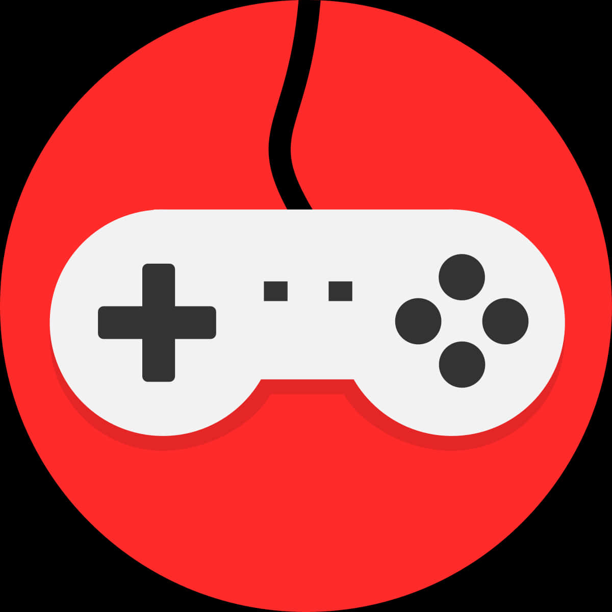 Game Controller Icon PNG — A white classic game controller with black buttons and a cable hangs against a vibrant red circular background.