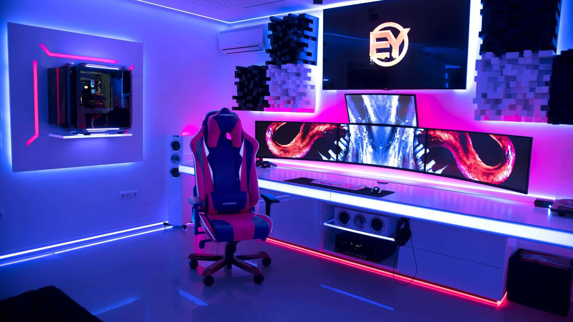 A Gaming Room With A Computer Desk And Lights