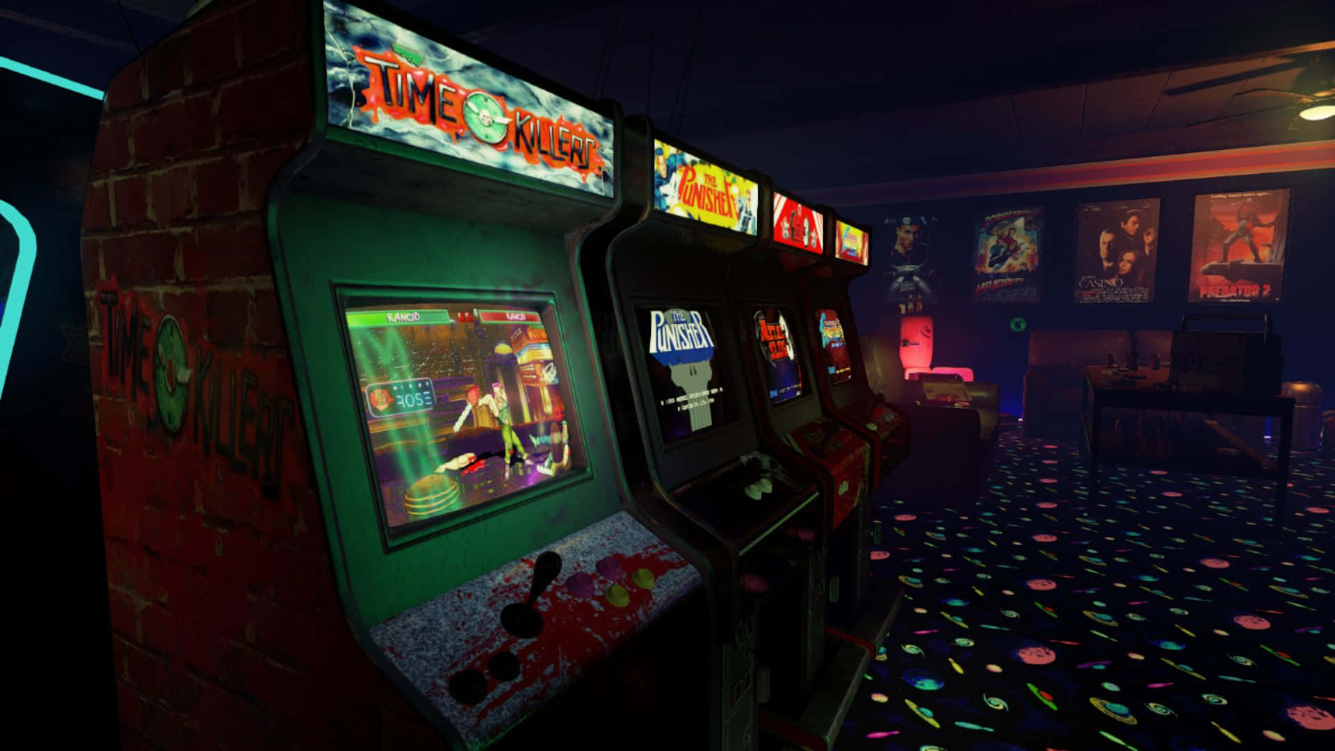 A Room With Several Arcade Machines And Neon Lights