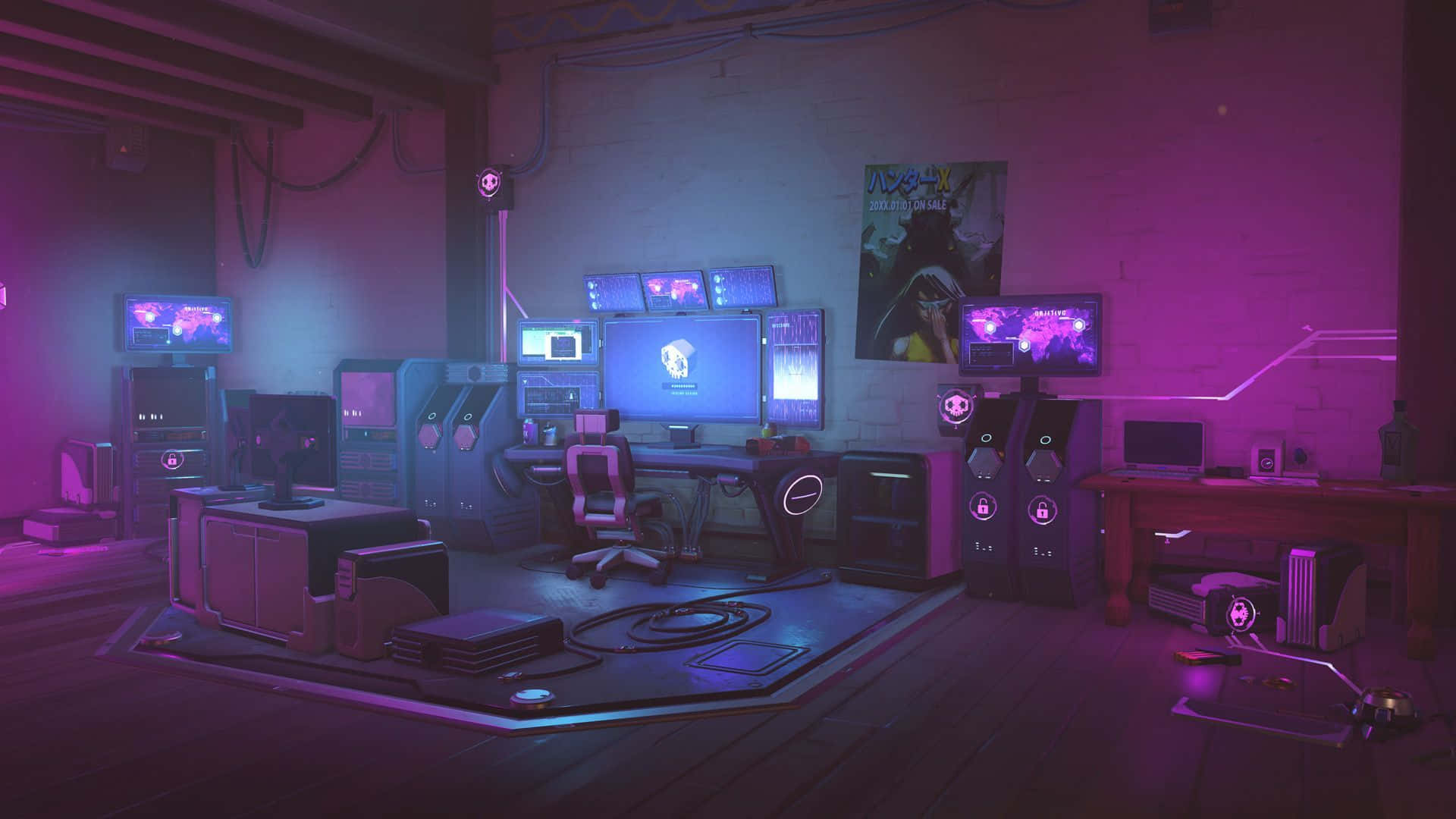 A Room With A Purple Light And A Computer