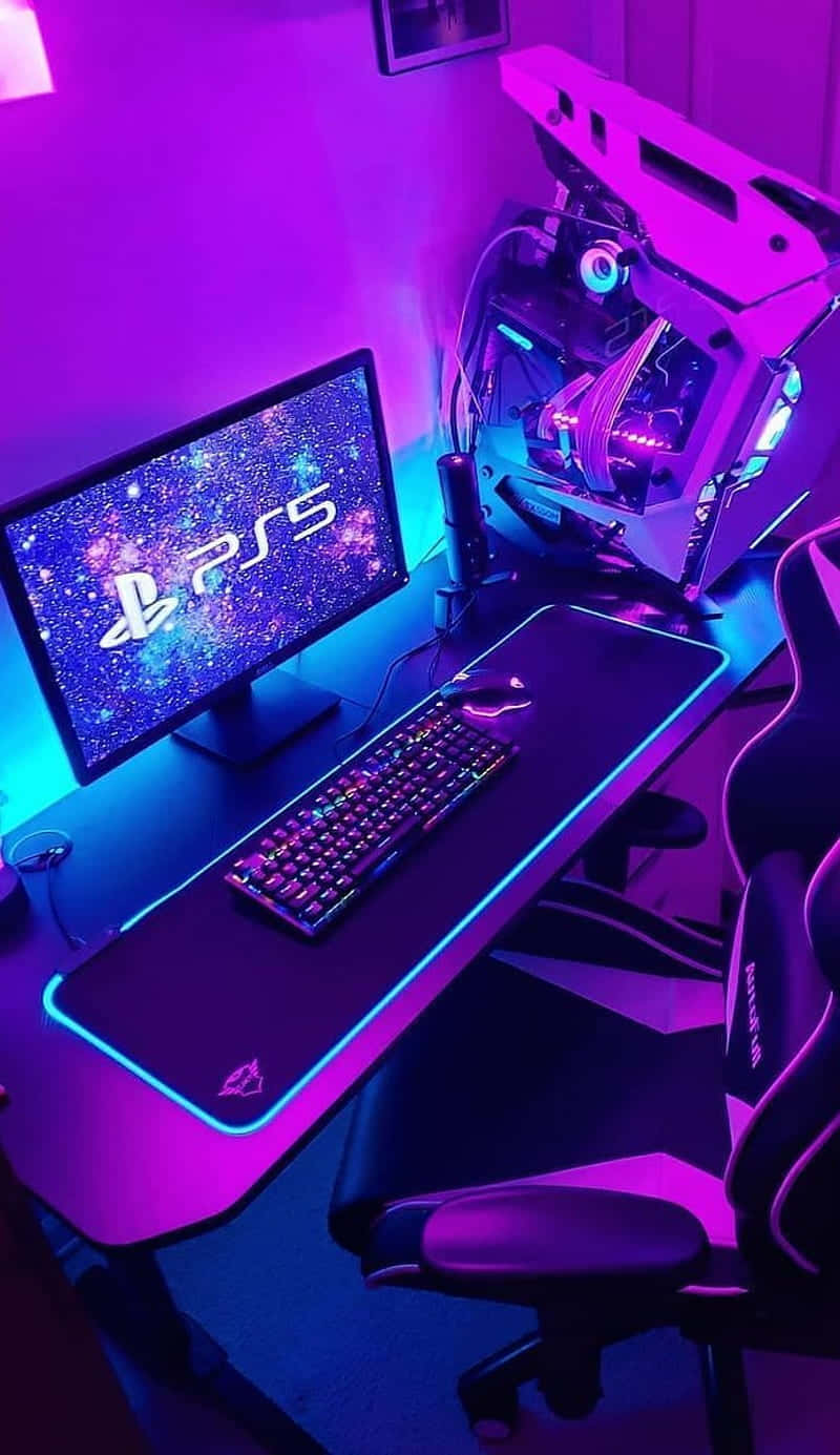 A Gaming Desk With A Purple Light And A Computer