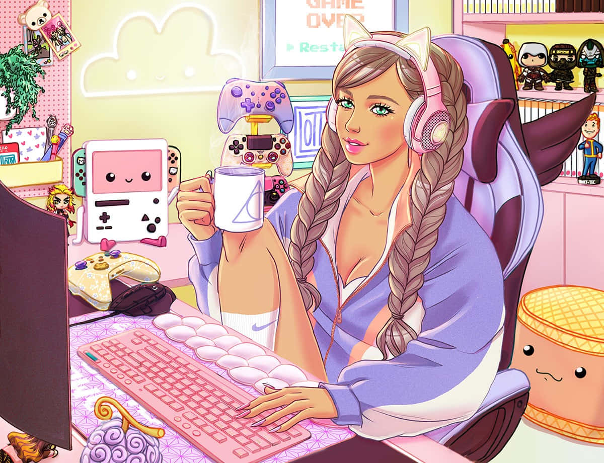 Gamer Girl Aesthetic At Desk.jpg Wallpaper