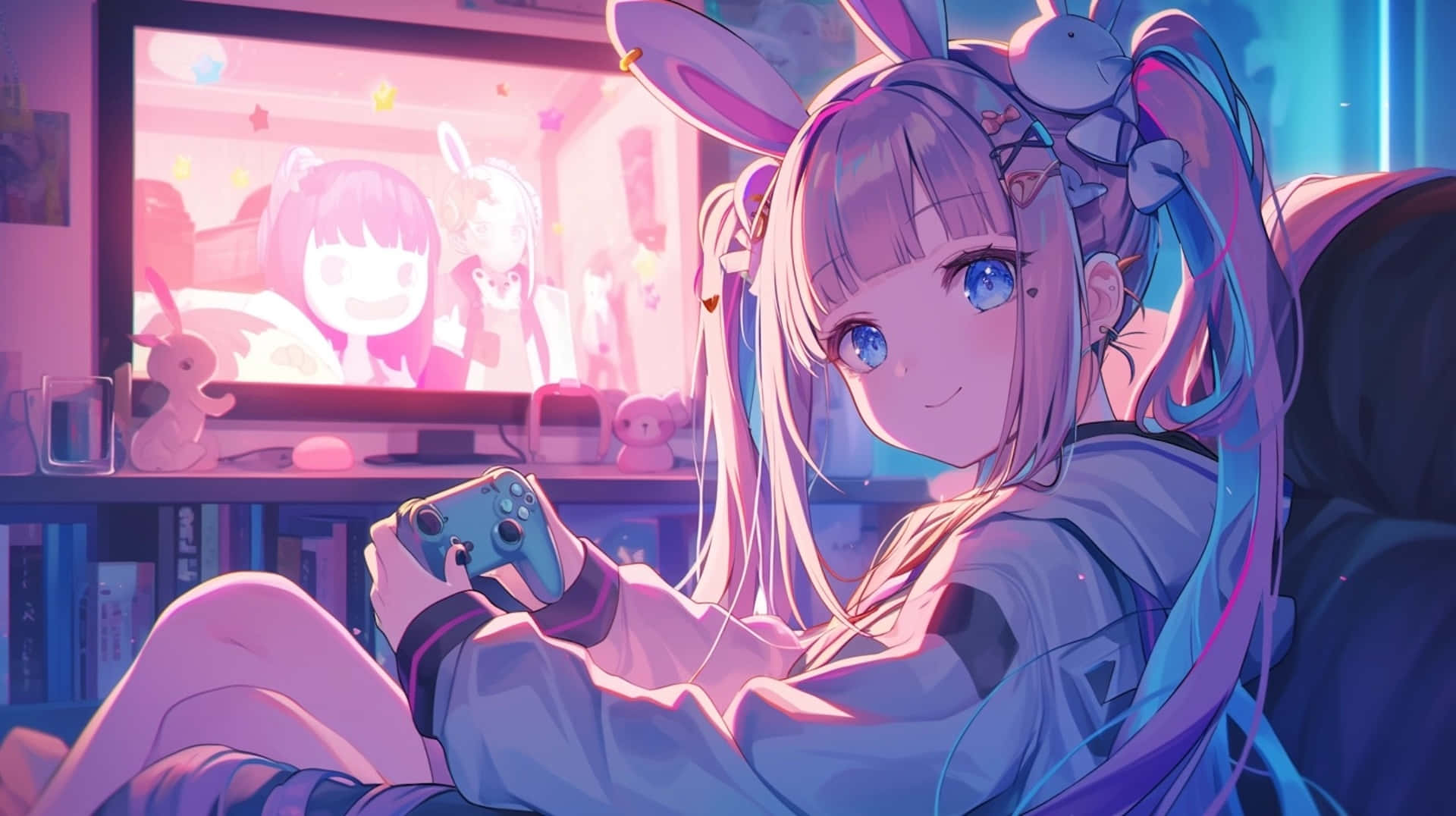 Gamer Girlin Rabbit Ears Streaming Wallpaper