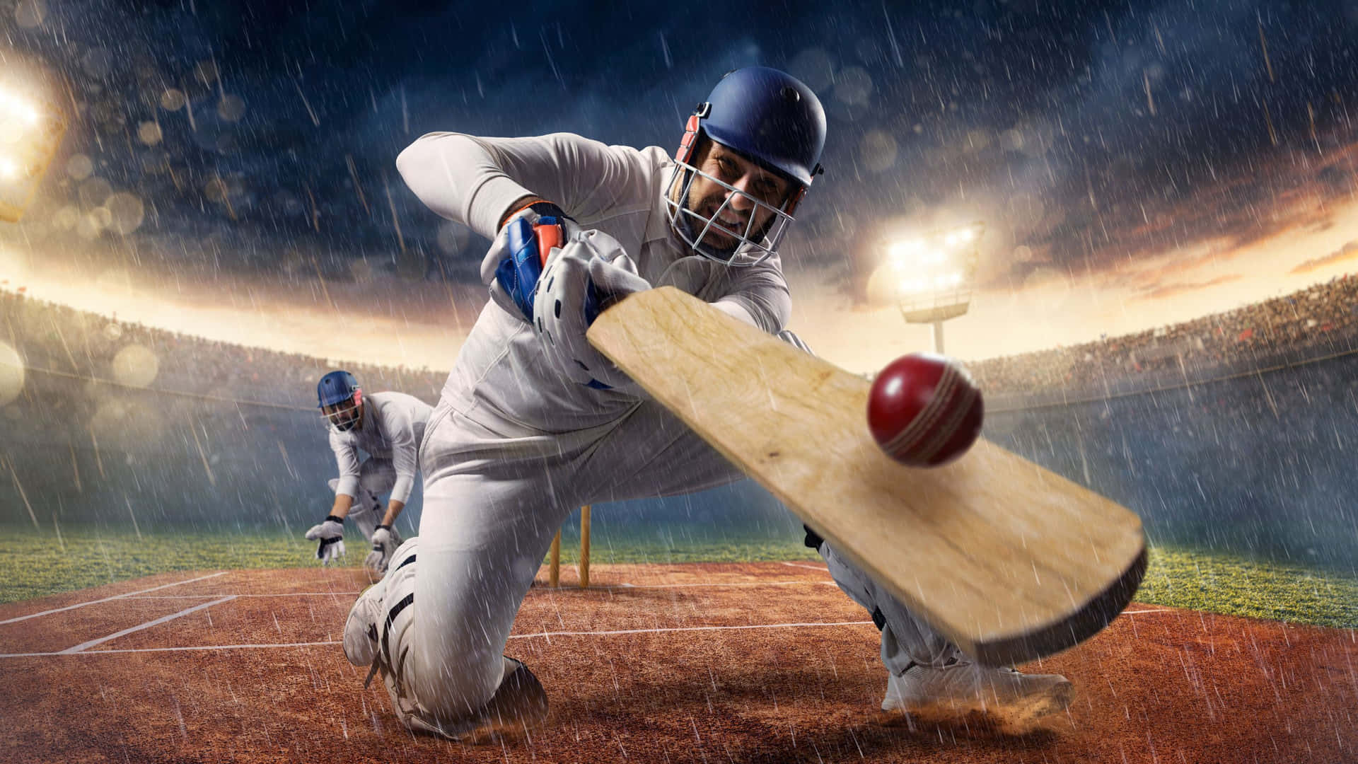 Cricket Player Hitting A Ball In The Rain