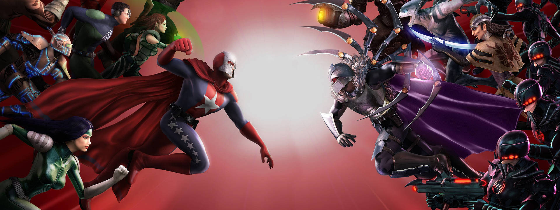 Einegruppe Von Superhelden Kämpft Auf Einem Roten Hintergrund. Wallpaper